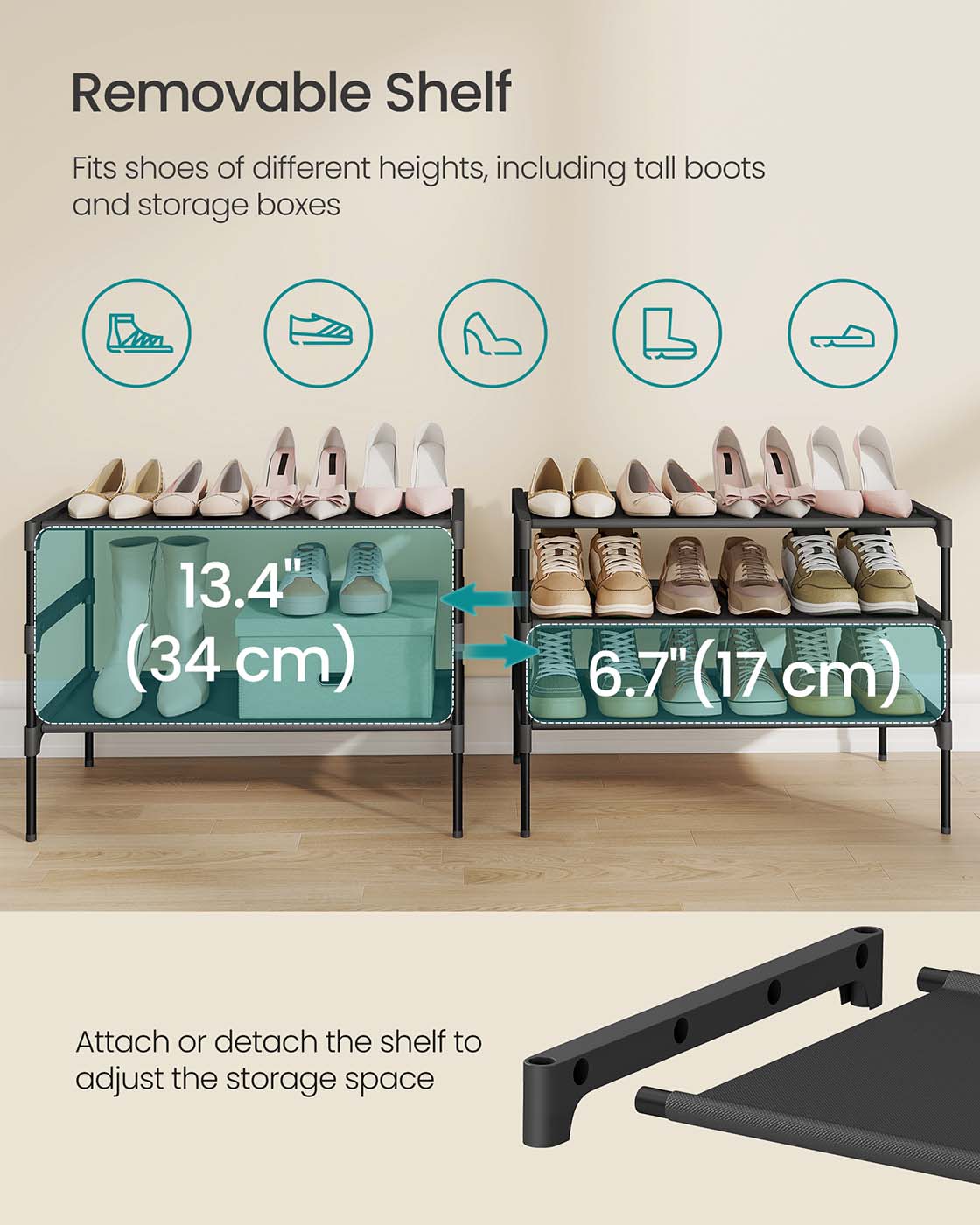 3-tier shoe rack with fabric shelves and metal frame - image 4