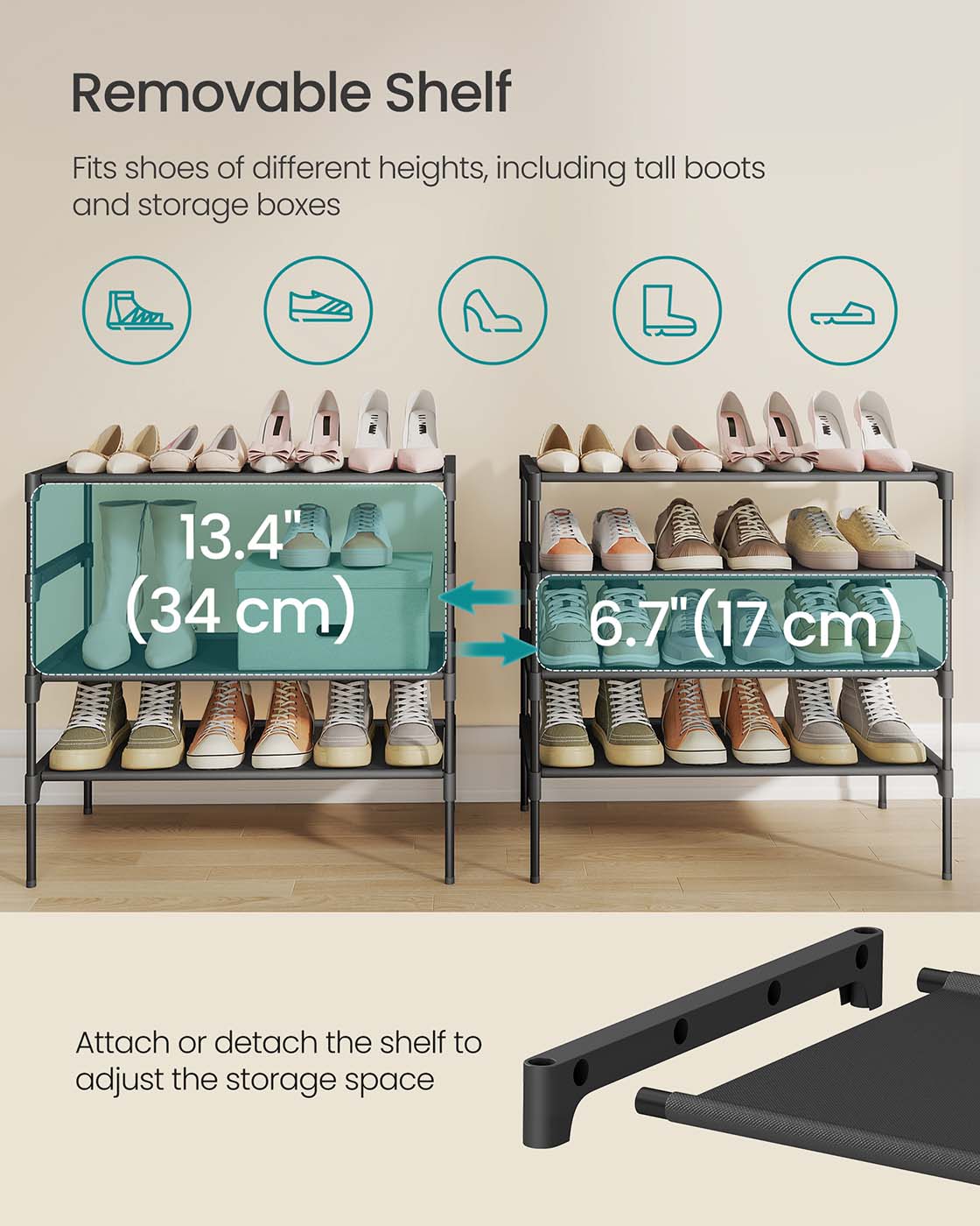 4-tier shoe rack with fabric shelves and metal frame - image 4
