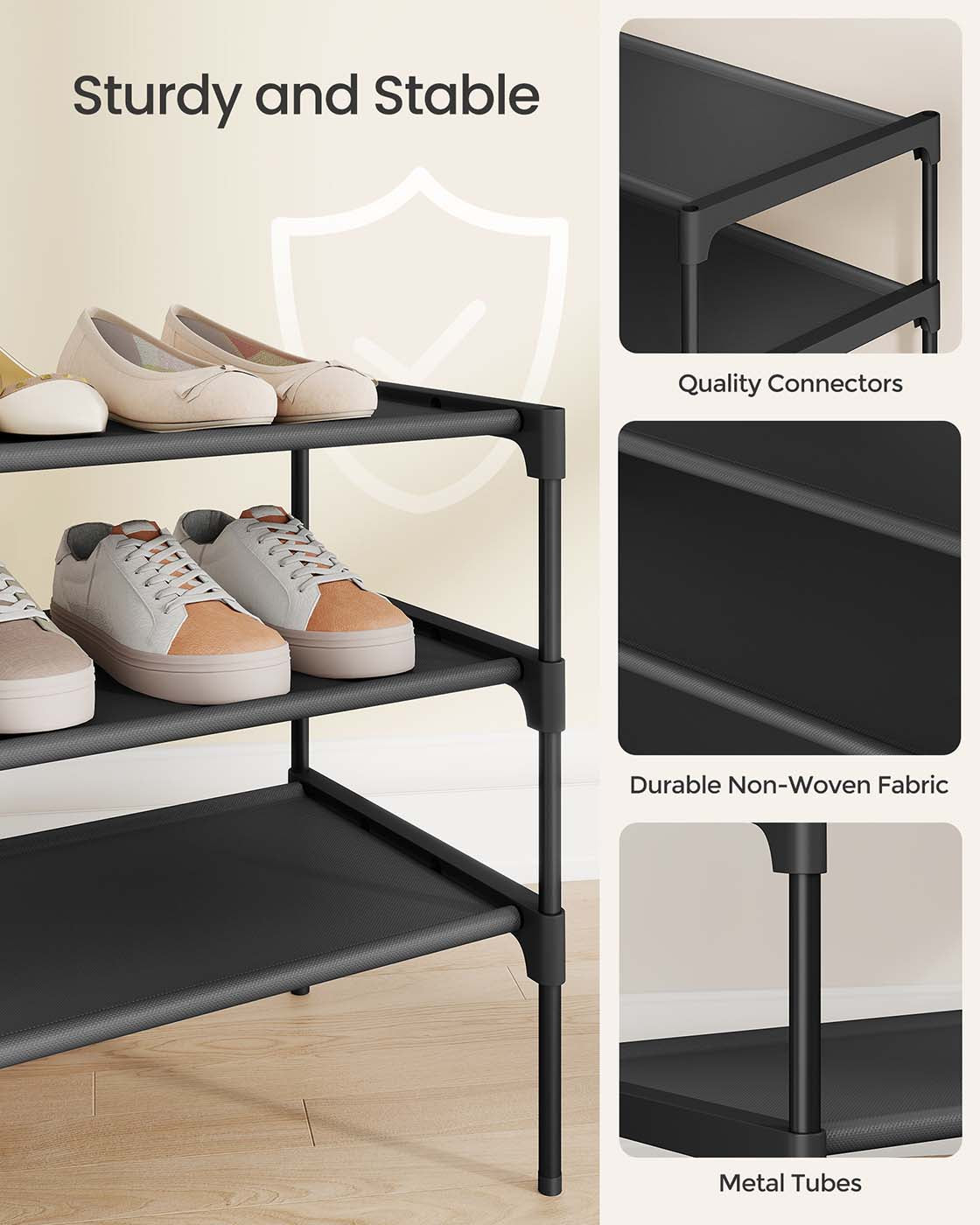 3-tier shoe rack with fabric shelves and metal frame - image 4