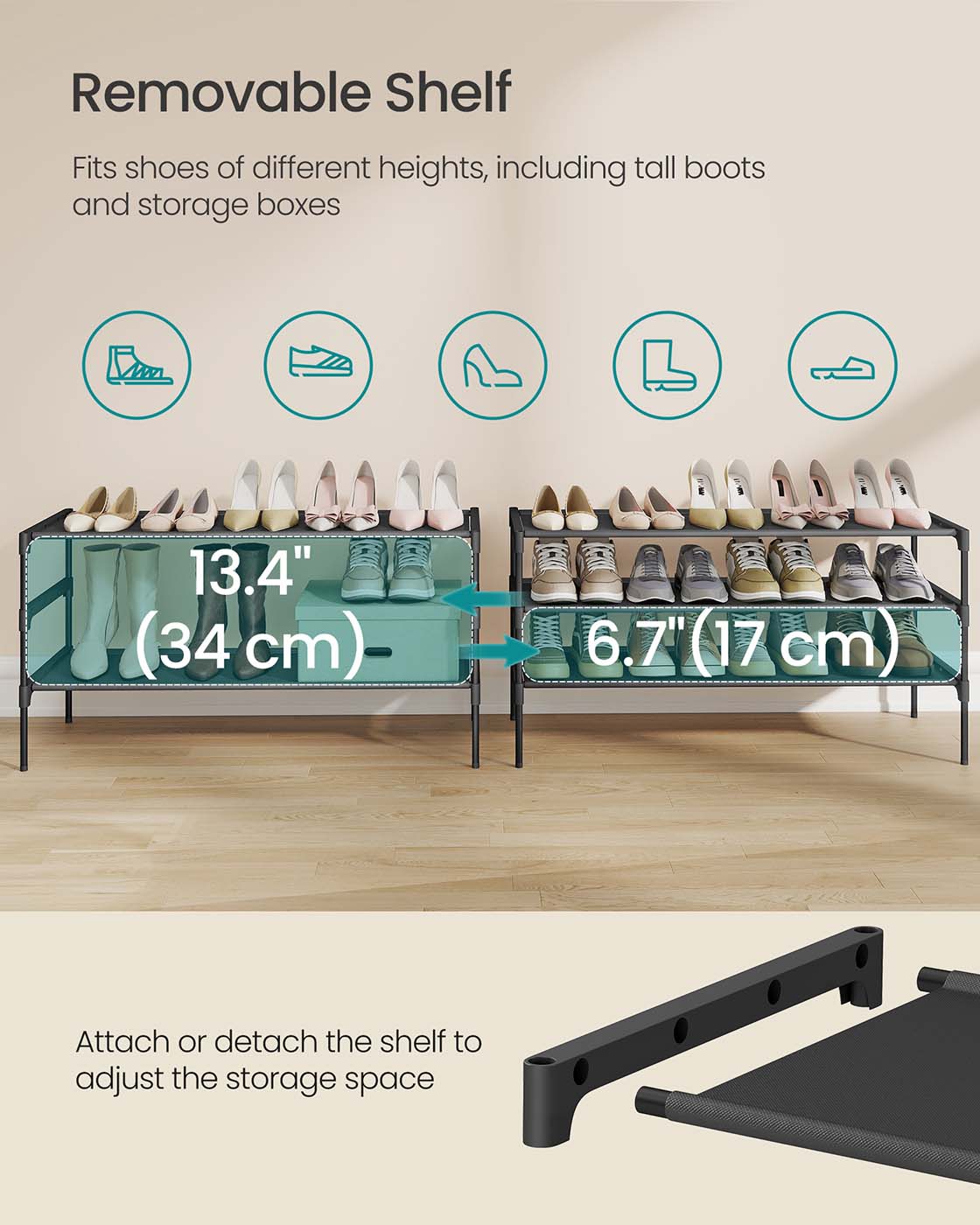 3-tier shoe rack with fabric shelves and metal frame - image 17
