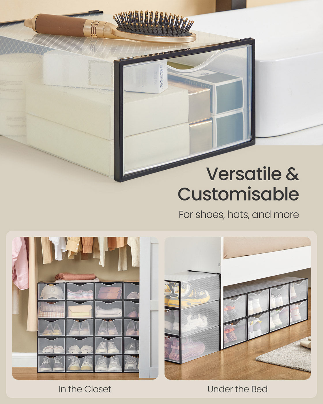 Clear Shoe Boxes Set of 12 Shoe Storage Organsiers Transparent and Ink Black - image 4