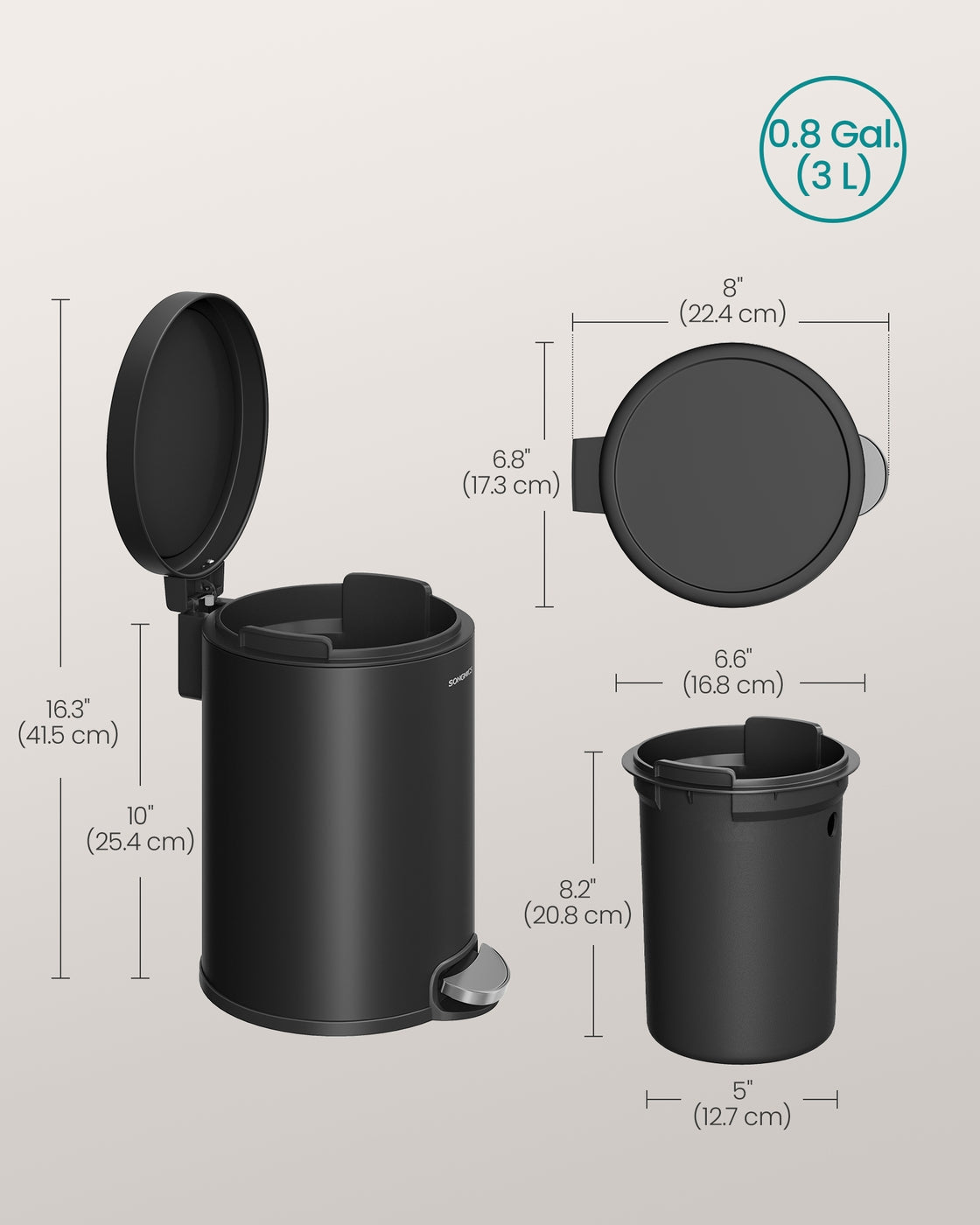 Bathroom Pedal Bin 0.8 Gallon (3 L) Steel Toilet Bin Ink Black - image 7