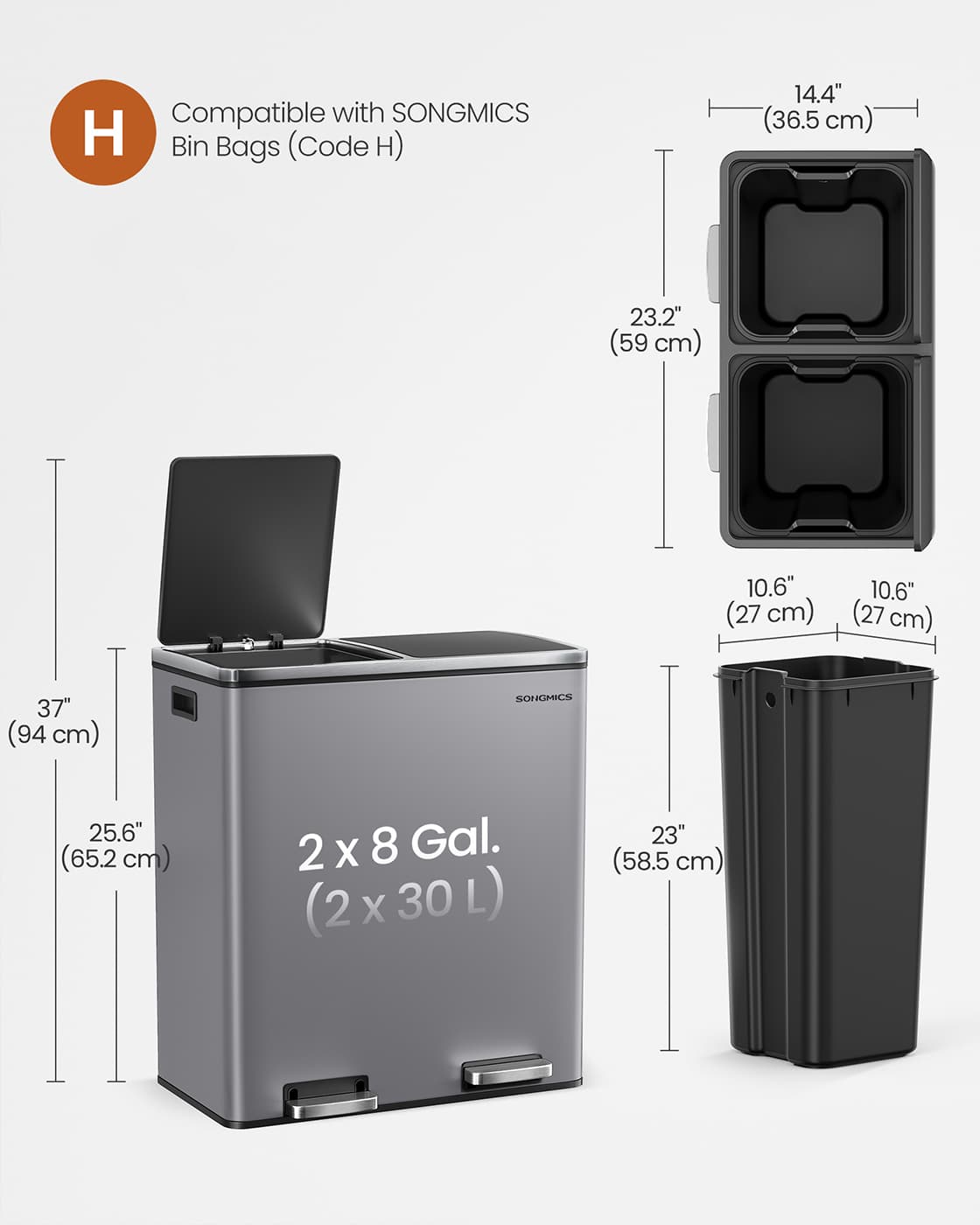 Dual Rubbish Bin 2 x 30 L with 15 Rubbish Bags Slate Grey - image 6