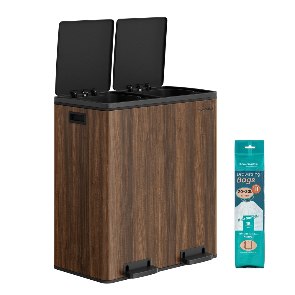 Dual Rubbish Bin 2 x 30 L Recycling Bin with 15 Rubbish Bags Dark Walnut - image 1