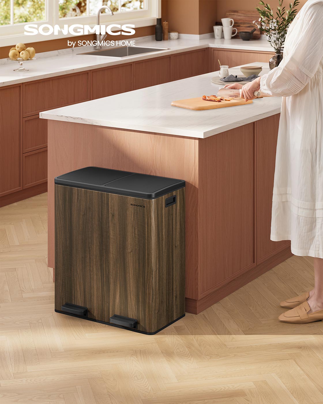 Dual Rubbish Bin 2 x 30 L Recycling Bin with 15 Rubbish Bags Dark Walnut - image 2