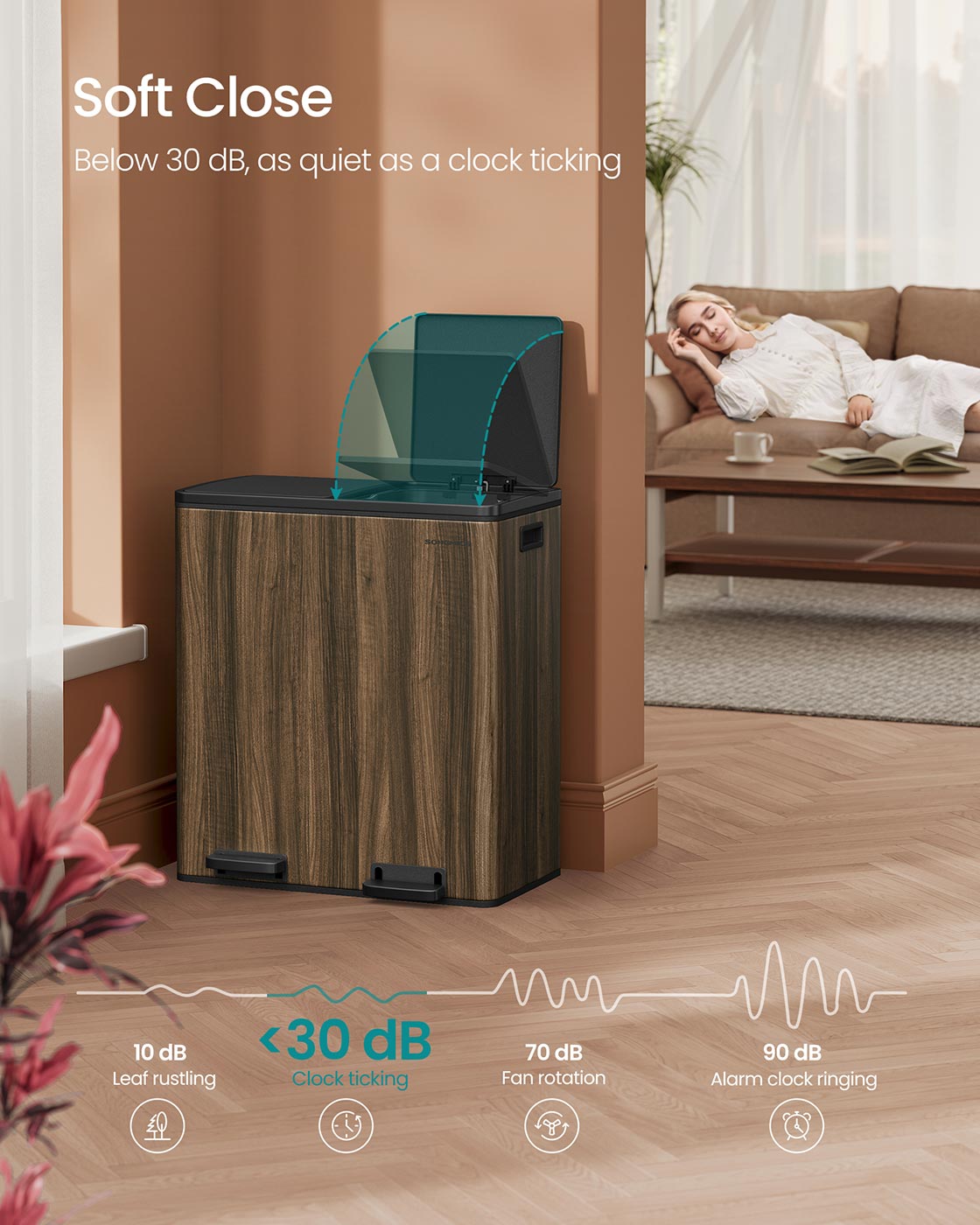 Dual Rubbish Bin 2 x 30 L Recycling Bin with 15 Rubbish Bags Dark Walnut - image 3