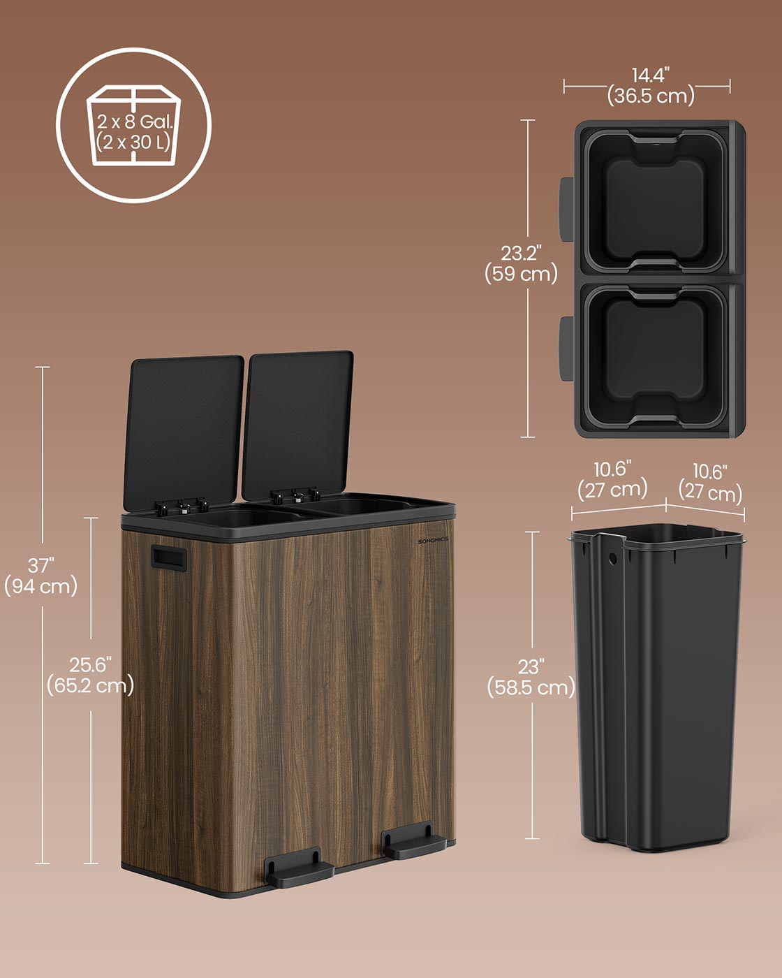 Dual Rubbish Bin 2 x 30 L Recycling Bin with 15 Rubbish Bags Dark Walnut - image 5