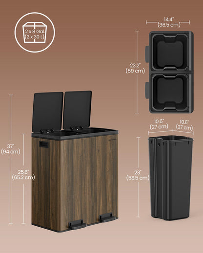 Dual Rubbish Bin 2 x 30 L Recycling Bin with 15 Rubbish Bags Dark Walnut - image 5