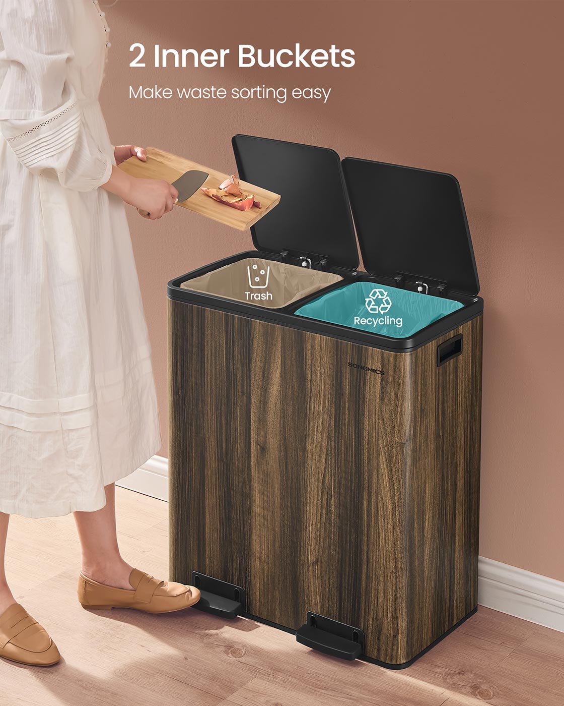 Dual Rubbish Bin 2 x 30 L Recycling Bin with 15 Rubbish Bags Dark Walnut - image 7