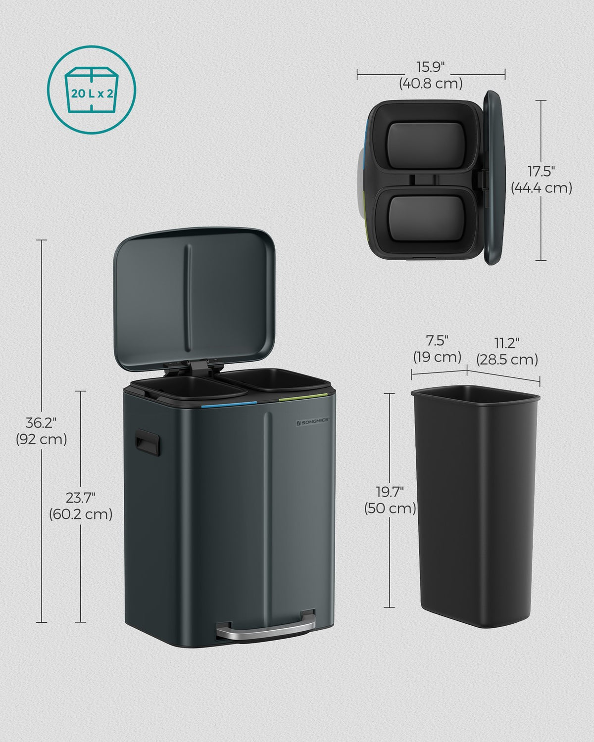 2 x 20L Metal Step Rubbish Bin Greenish-Grey - image 7