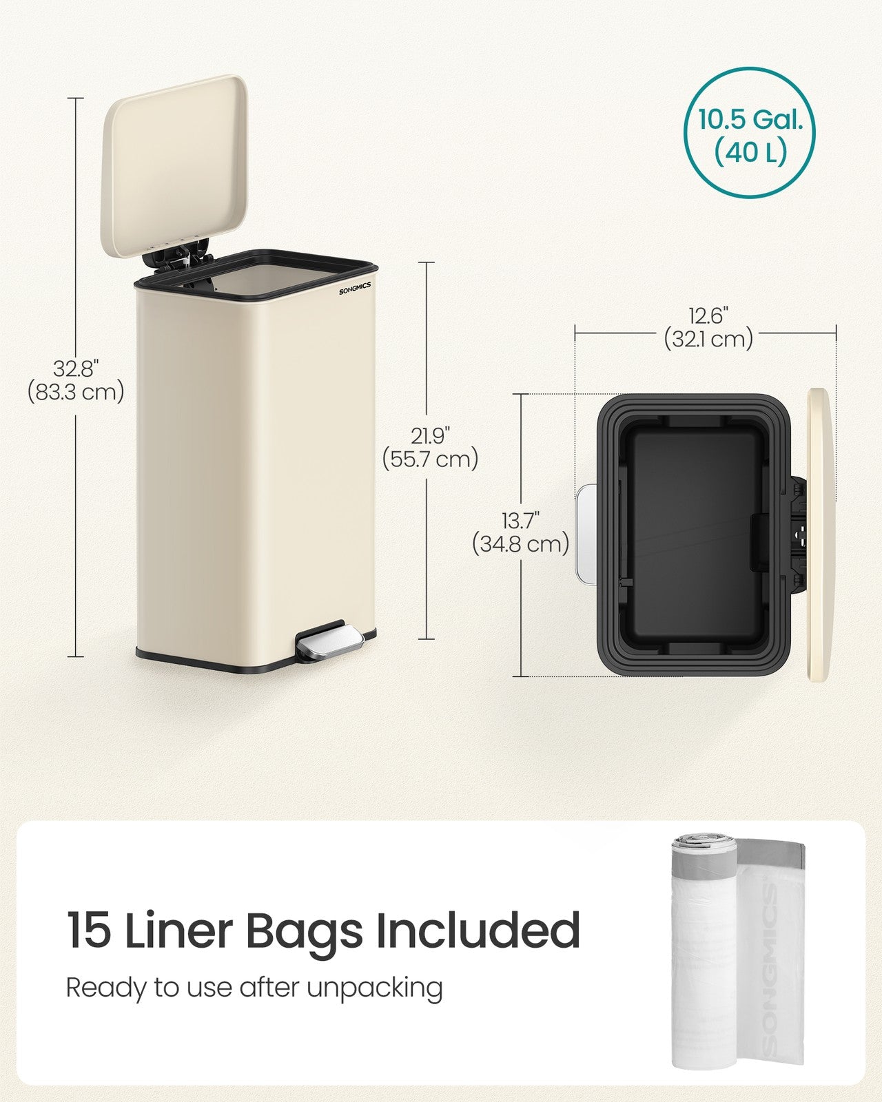 Large 40L Steel Kitchen Bin: Soft Close Lid, Black Finish, 15 Liner Bags - image 20