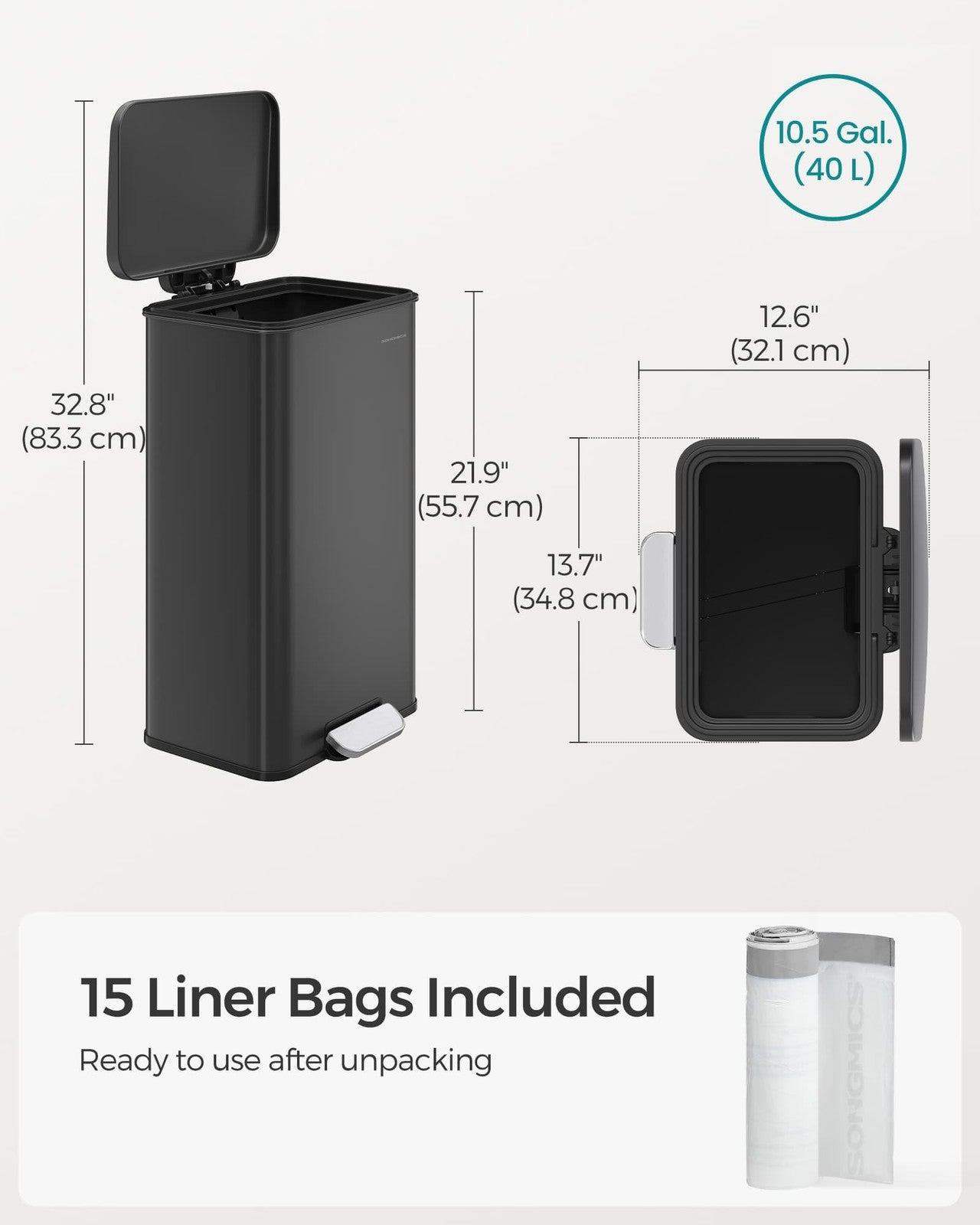 Large 40L Steel Kitchen Bin: Soft Close Lid, Black Finish, 15 Liner Bags - image 7