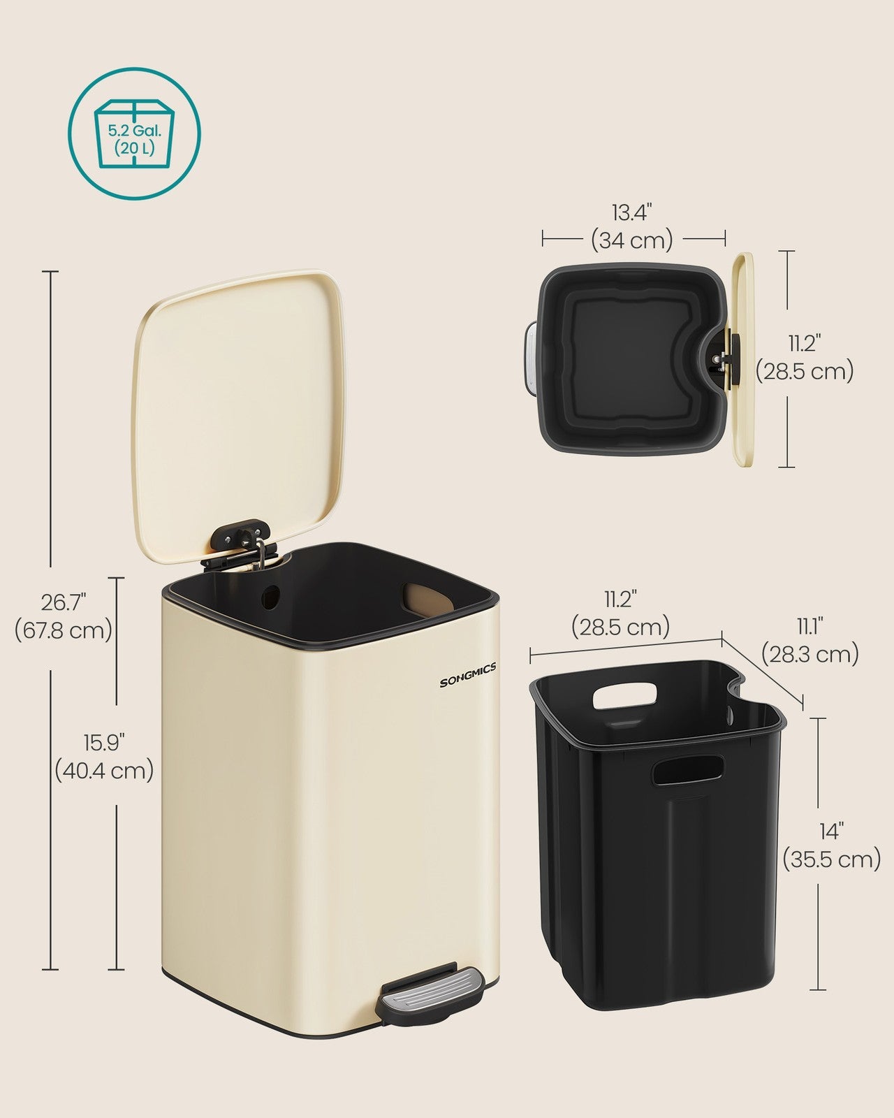 20 L Steel Kitchen Pedal Bin with Inner Bucket Sand Beige - image 7