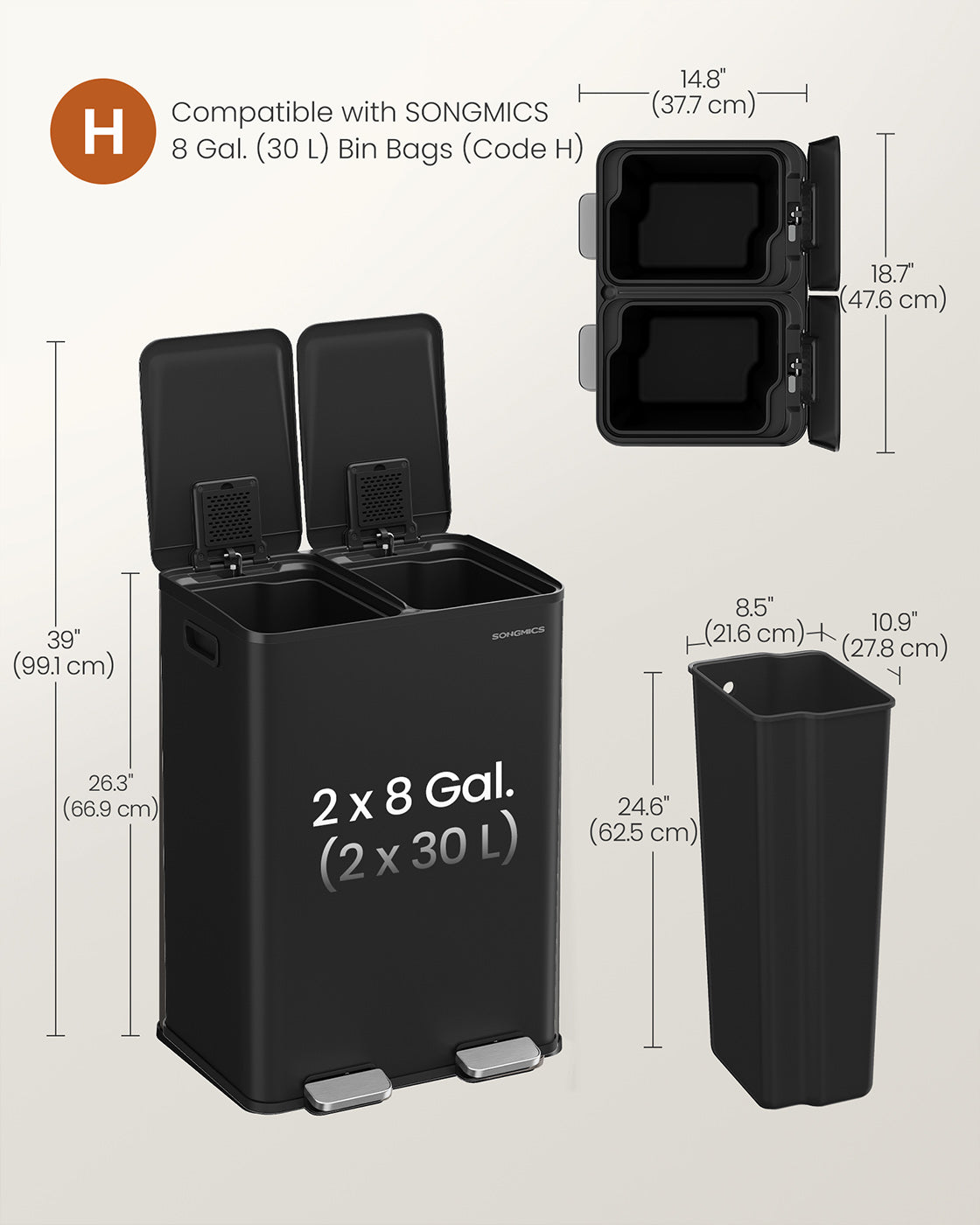 60L Dual Compartment Pedal Bin with Soft-Close Lid, 2 x 30L, Black - image 7