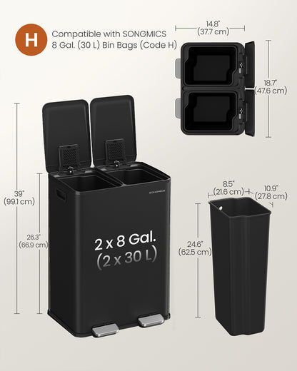 60L Dual Compartment Pedal Bin with Soft-Close Lid, 2 x 30L, Black - image 7
