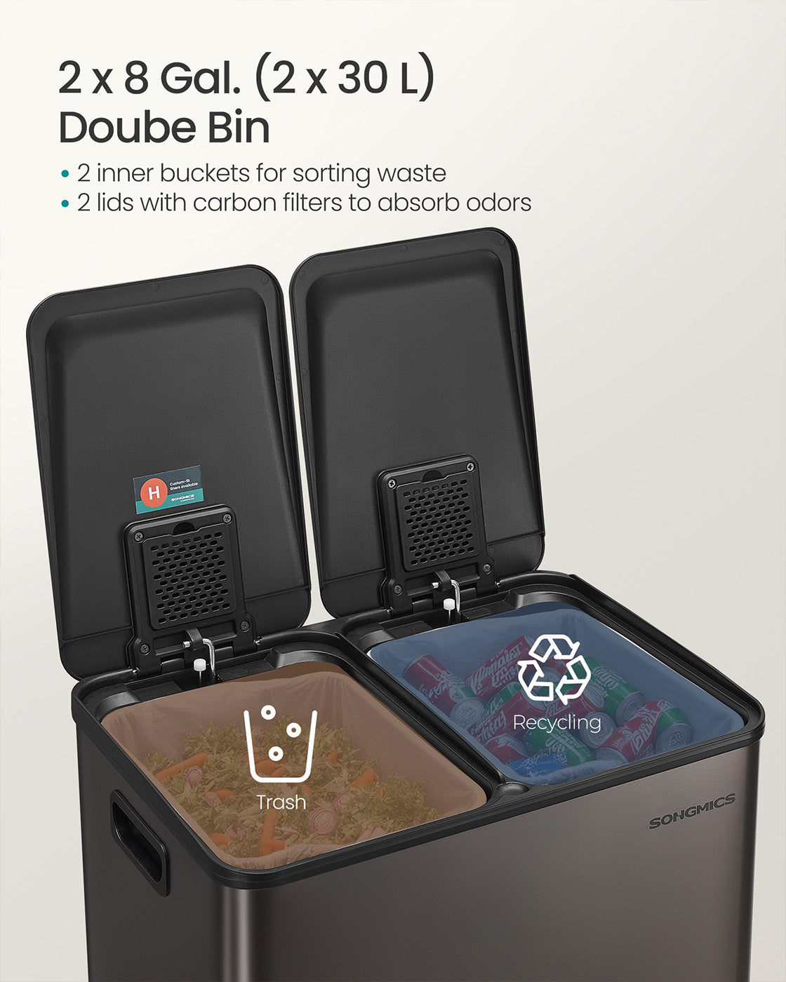 60L Dual Compartment Pedal Bin with Soft-Close Lid, 2 x 30L, Black - image 11