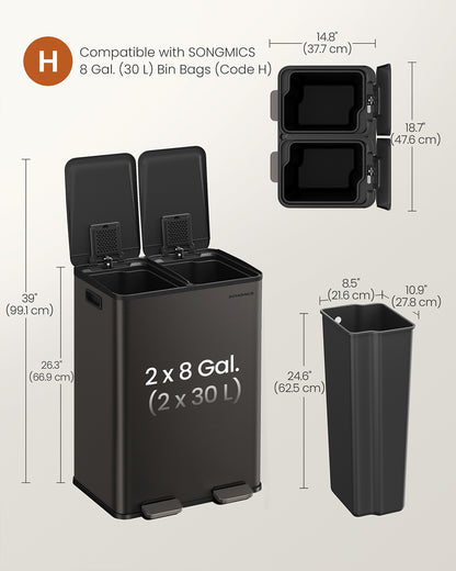 60L Dual Compartment Pedal Bin with Soft-Close Lid, 2 x 30L, Black - image 14
