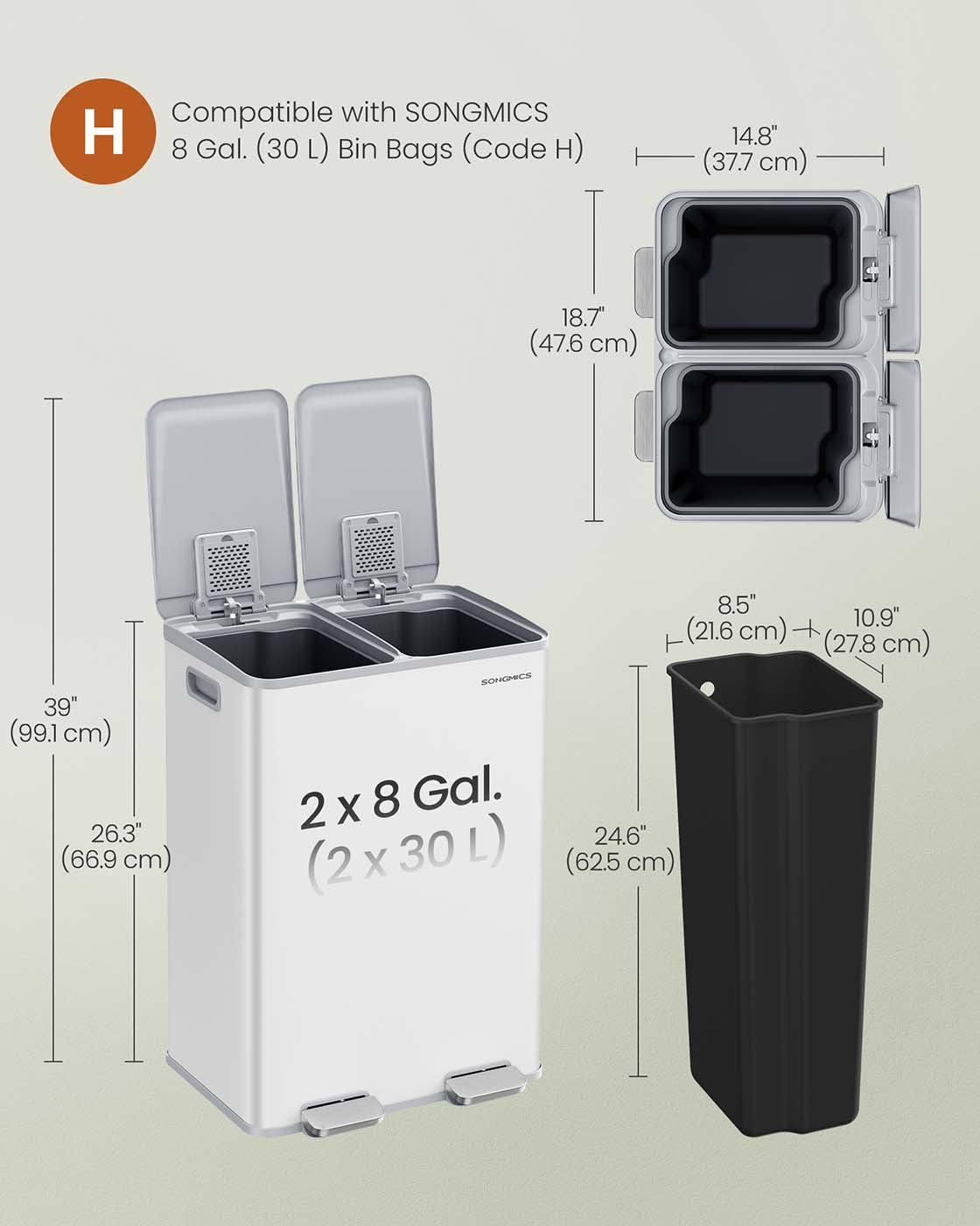 60L Dual Compartment Pedal Bin with Soft-Close Lid, 2 x 30L, Black - image 21