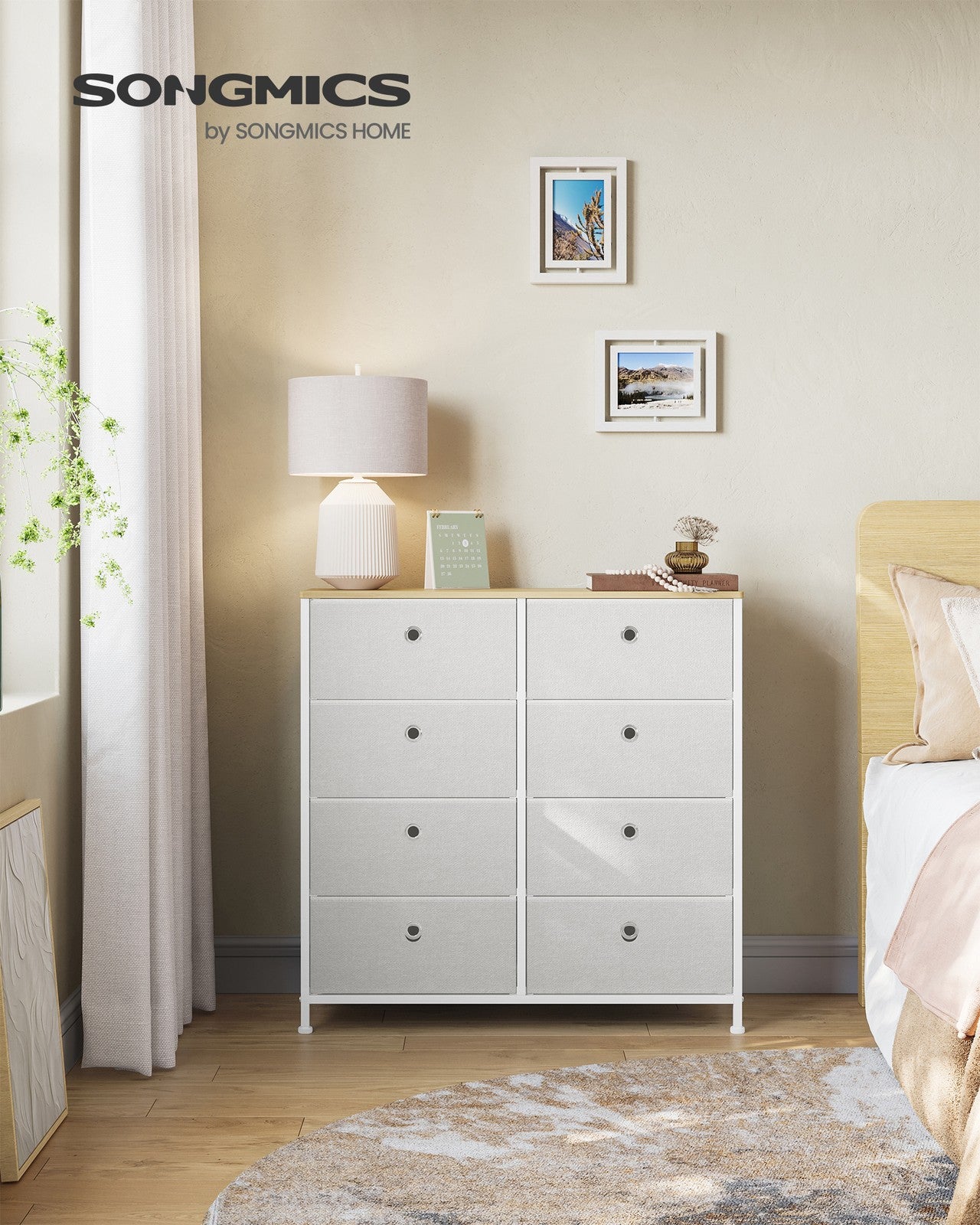 Storage Chest of 8 Fabric Drawers Cream White and Oak - image 2