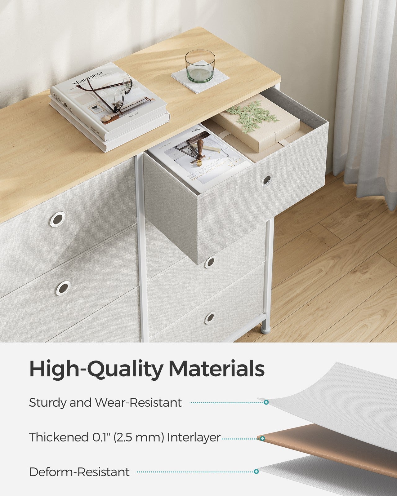 Storage Chest of 8 Fabric Drawers Cream White and Oak - image 3