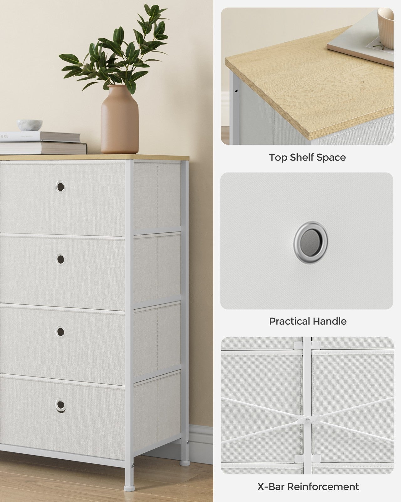 Storage Chest of 8 Fabric Drawers Cream White and Oak - image 4