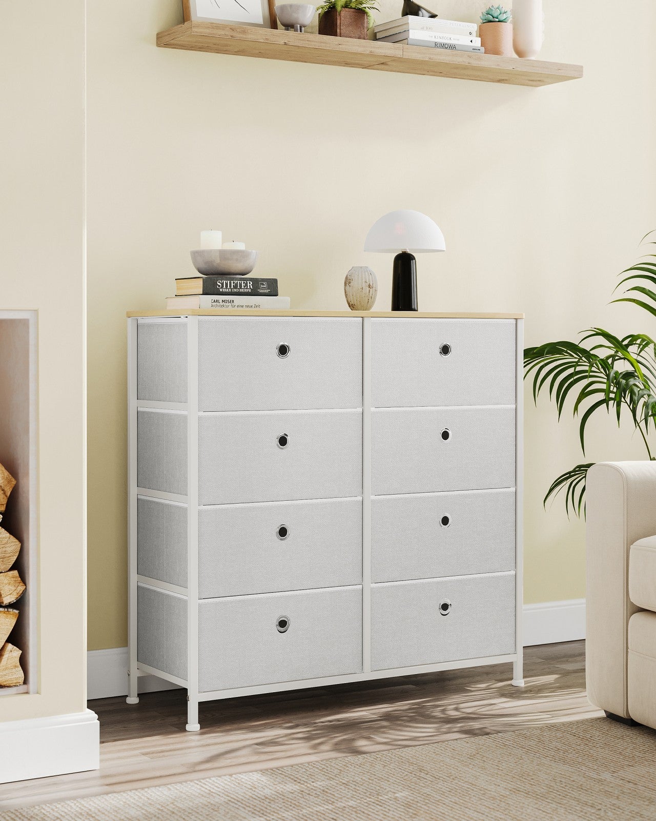 Storage Chest of 8 Fabric Drawers Cream White and Oak - image 7