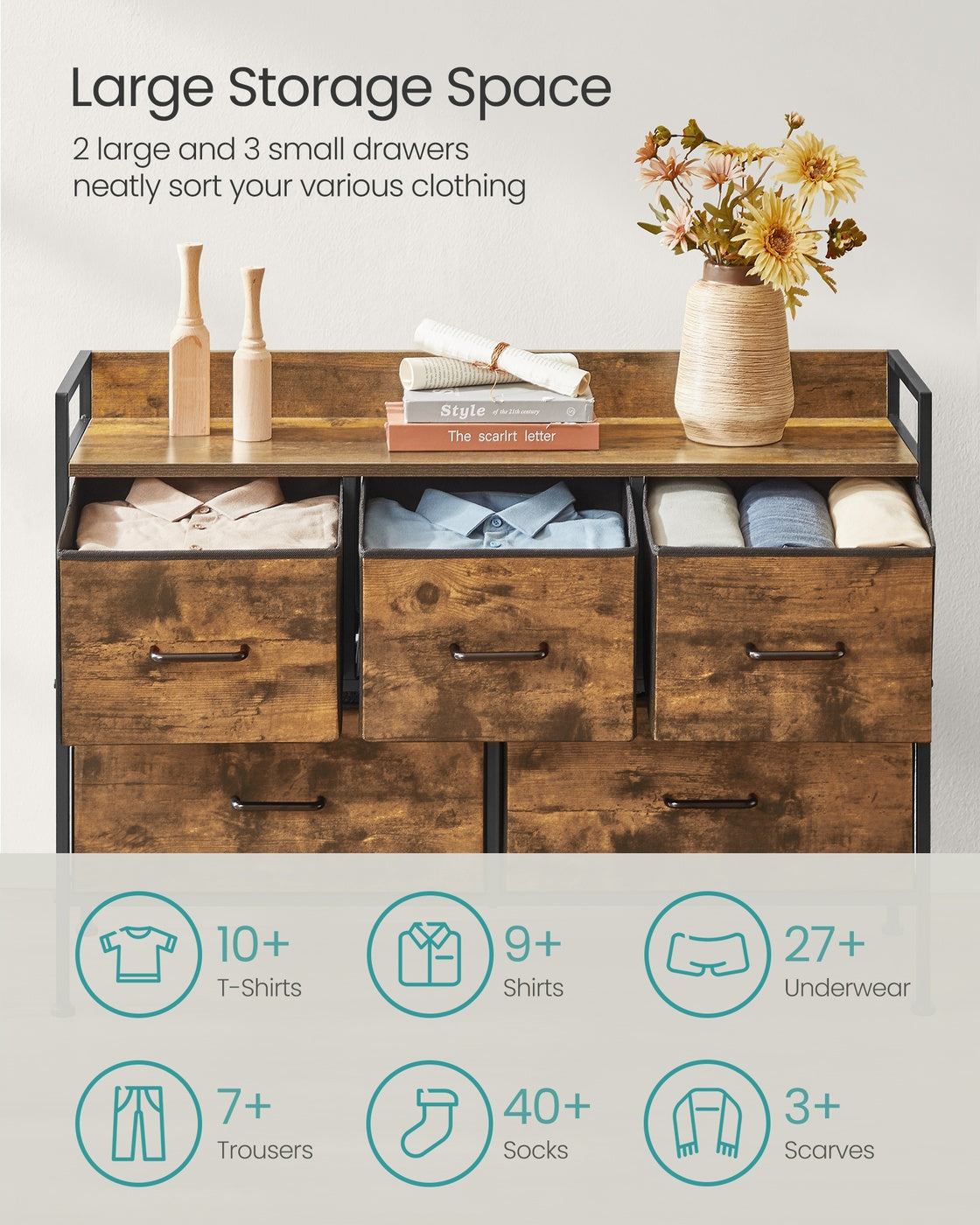 Chest of Drawers 7 Fabric Drawers with Handles Rustic Brown and Ink Black - image 34