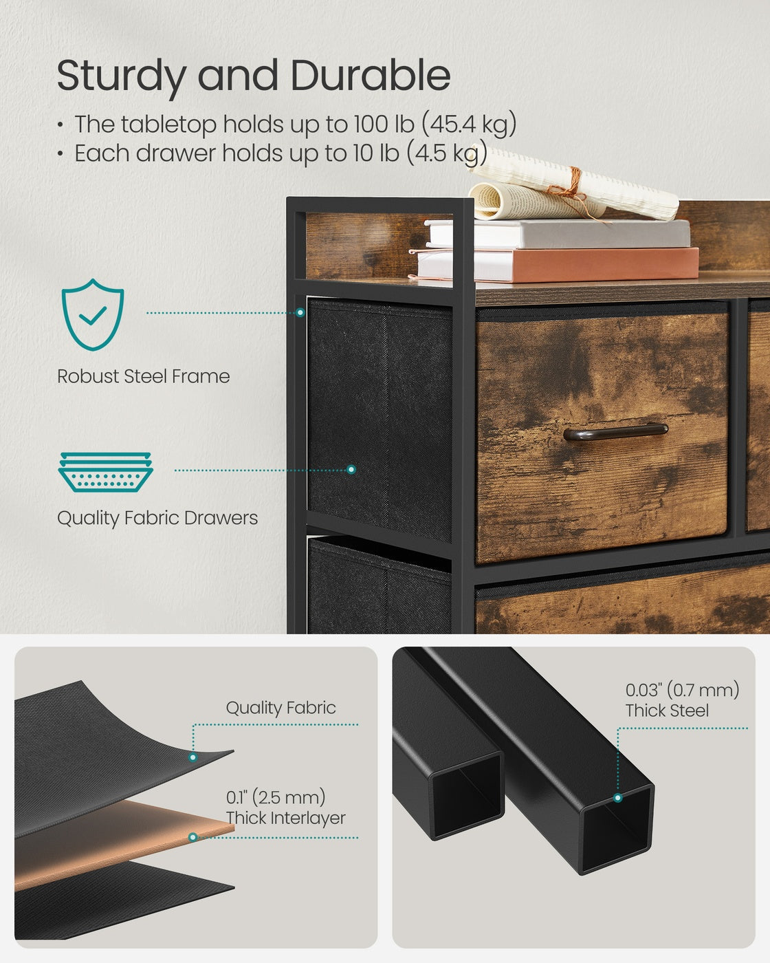 Chest of Drawers 7 Fabric Drawers with Handles Rustic Brown and Ink Black - image 35