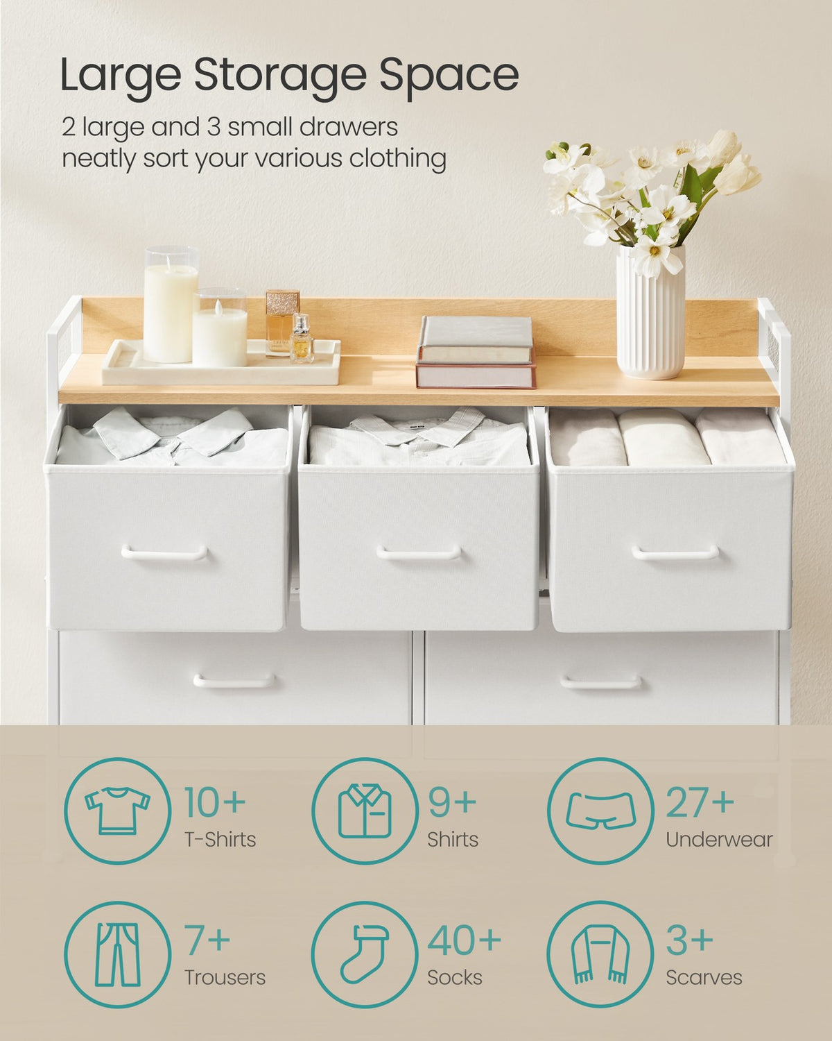 Chest of Drawers, 5 Fabric Drawers, White and Oak - image 3