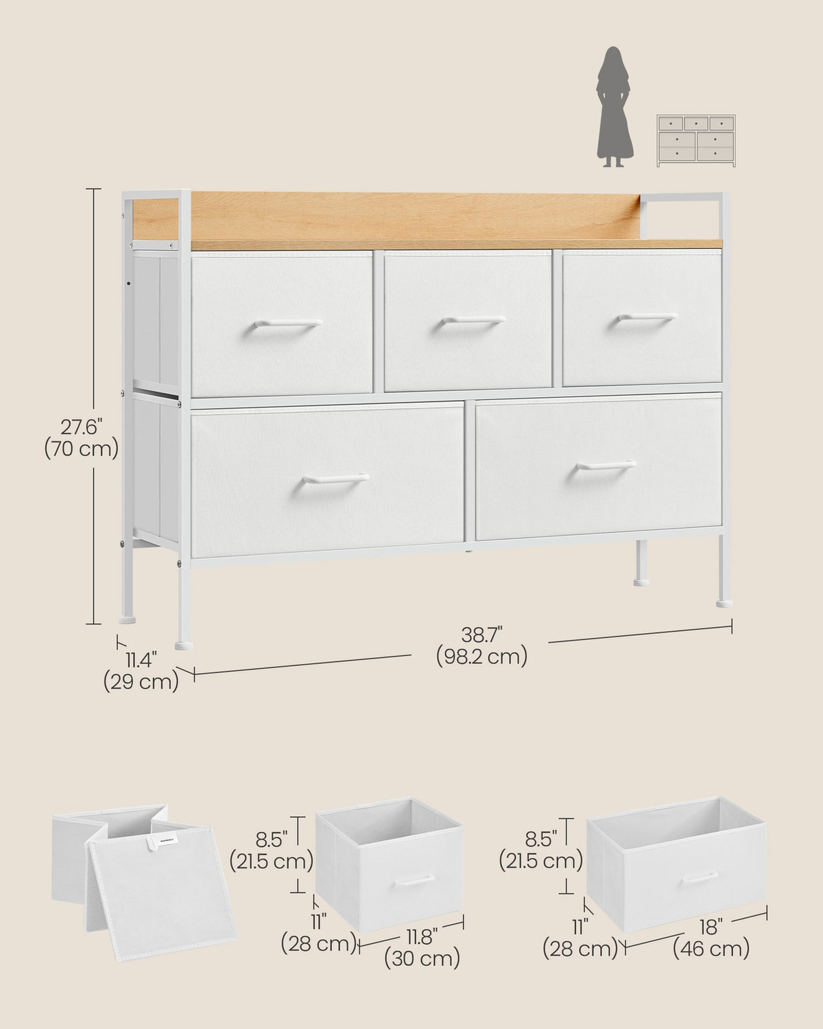 Chest of Drawers, 5 Fabric Drawers, White and Oak - image 5