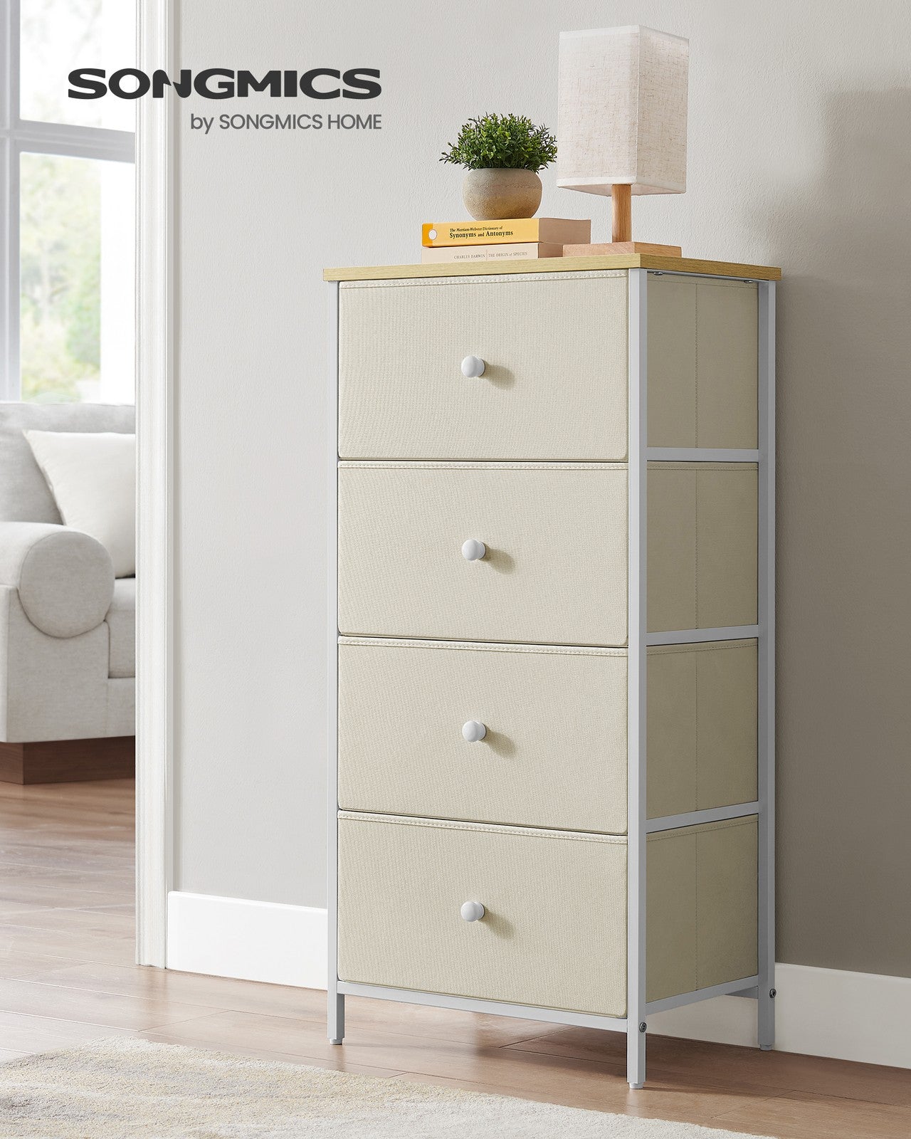 Chest of Drawers, 4 Fabric Drawers, White and Oak - image 11