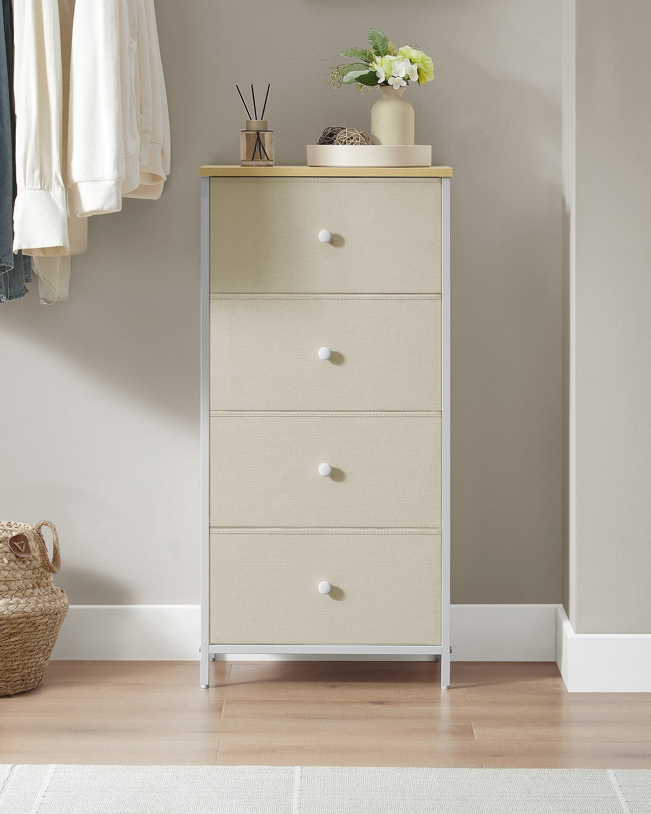 Chest of Drawers, 4 Fabric Drawers, White and Oak - image 12