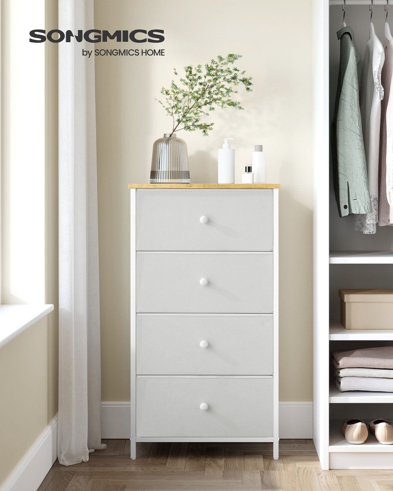 Chest of Drawers, 4 Fabric Drawers, White and Oak - image 2