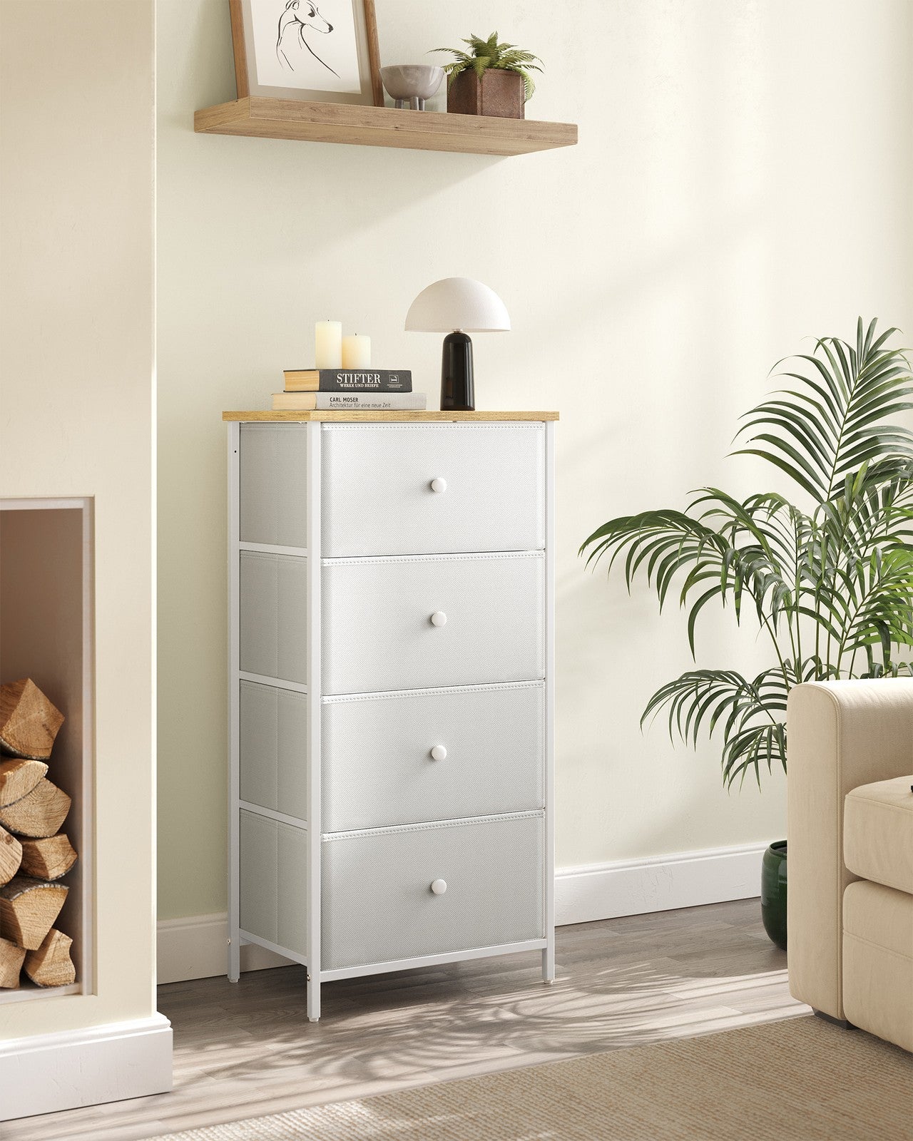 Chest of Drawers, 4 Fabric Drawers, White and Oak - image 3
