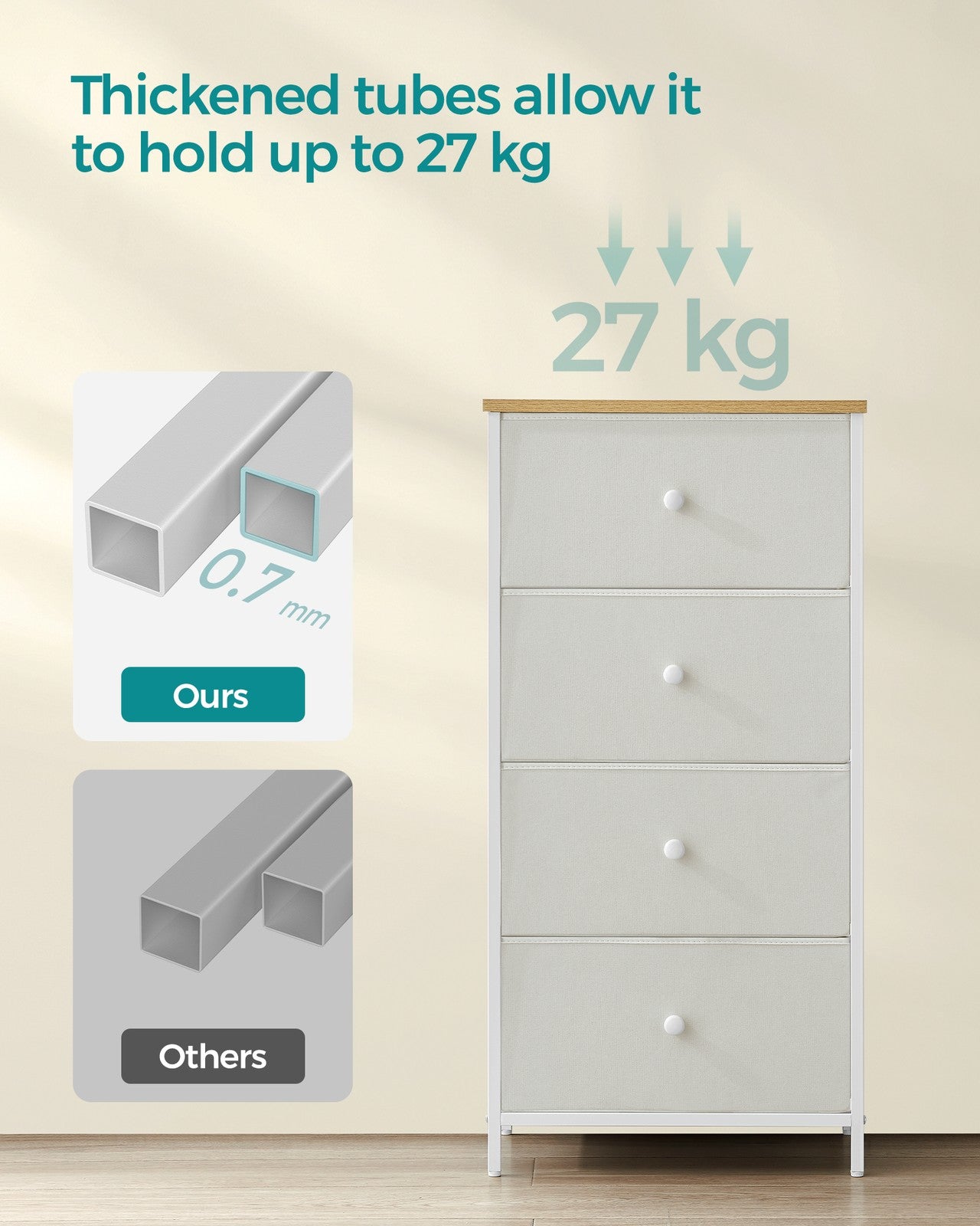 Chest of Drawers, 4 Fabric Drawers, White and Oak - image 5
