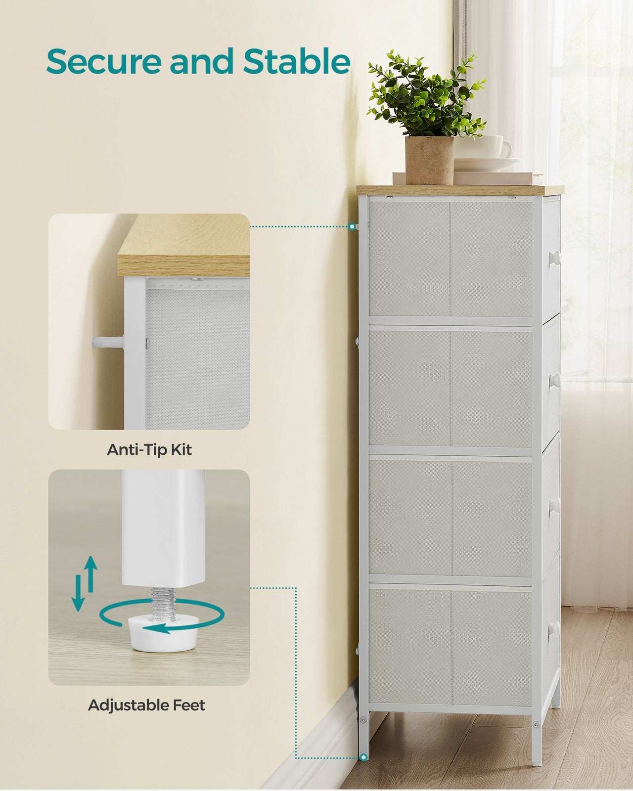 Chest of Drawers, 4 Fabric Drawers, White and Oak - image 9