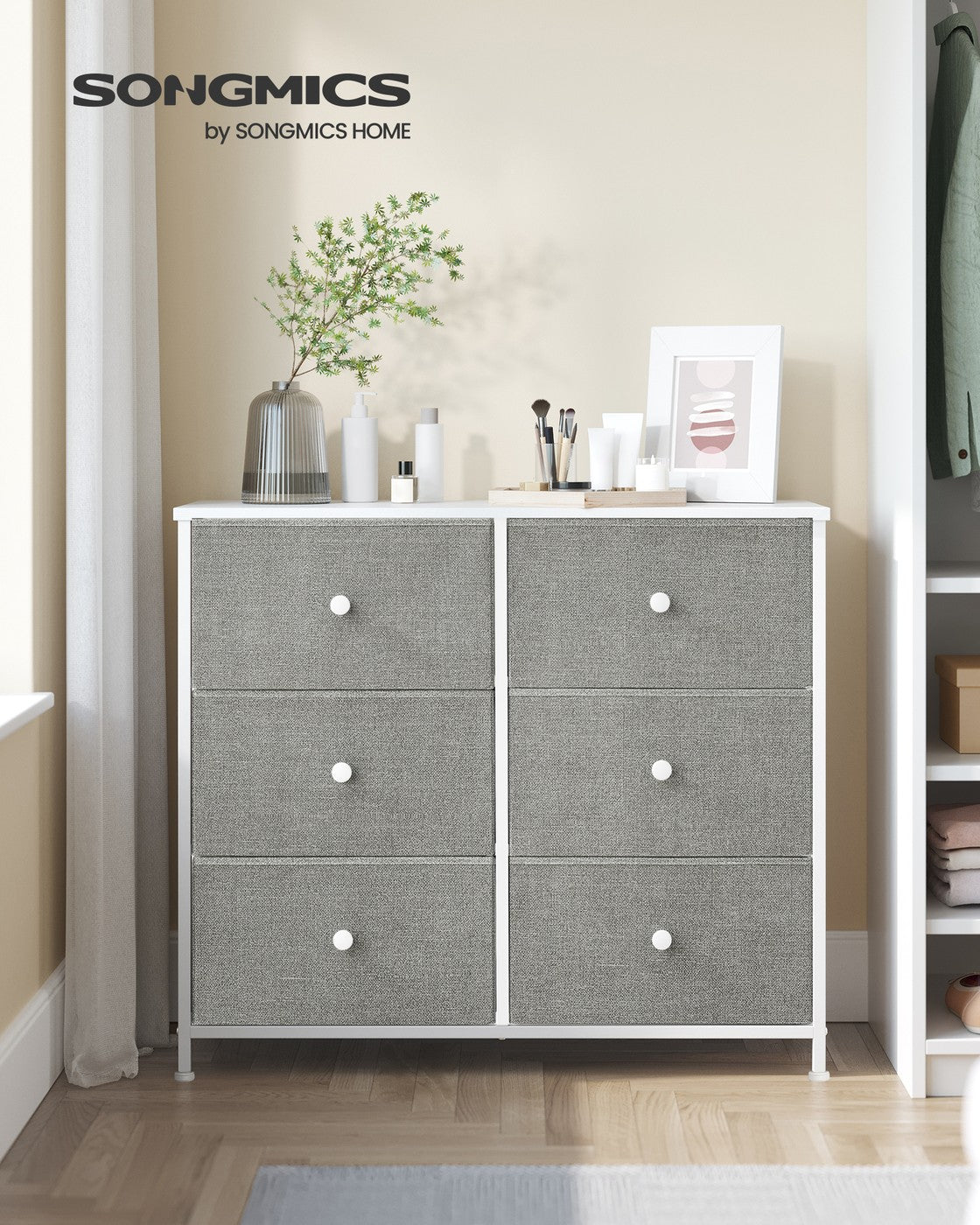 Chest of Drawers 6 Fabric Drawers with Metal Frame Light Grey and White - image 3