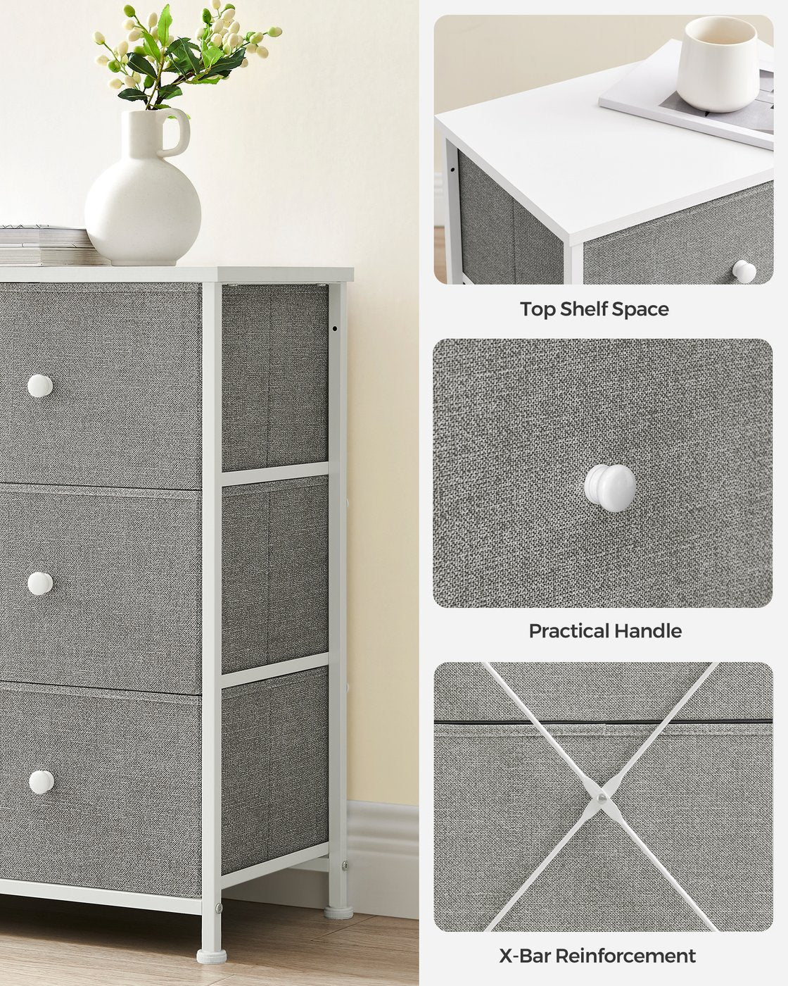 Chest of Drawers 6 Fabric Drawers with Metal Frame Light Grey and White - image 9