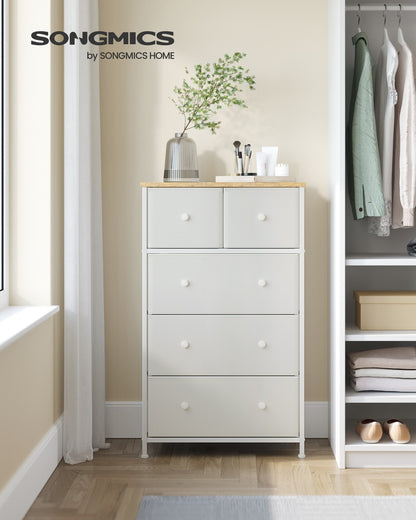 Chest of Drawers Fabric 5-Drawer Storage Organiser Unit White and Oak - image 4