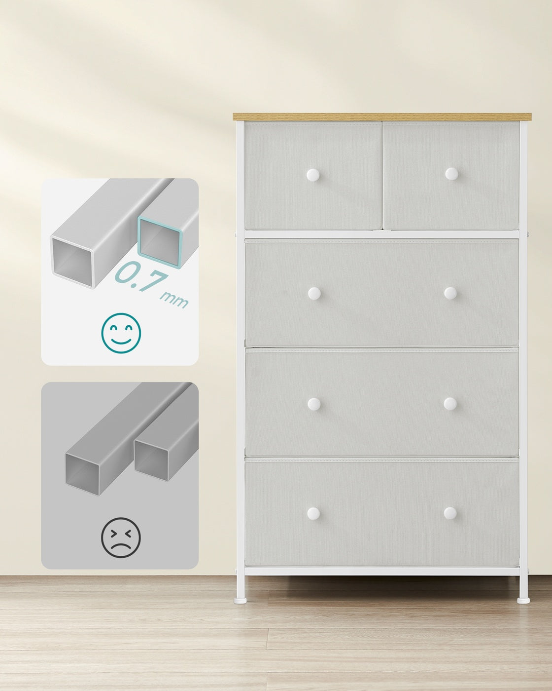 Chest of Drawers Fabric 5-Drawer Storage Organiser Unit White and Oak - image 7