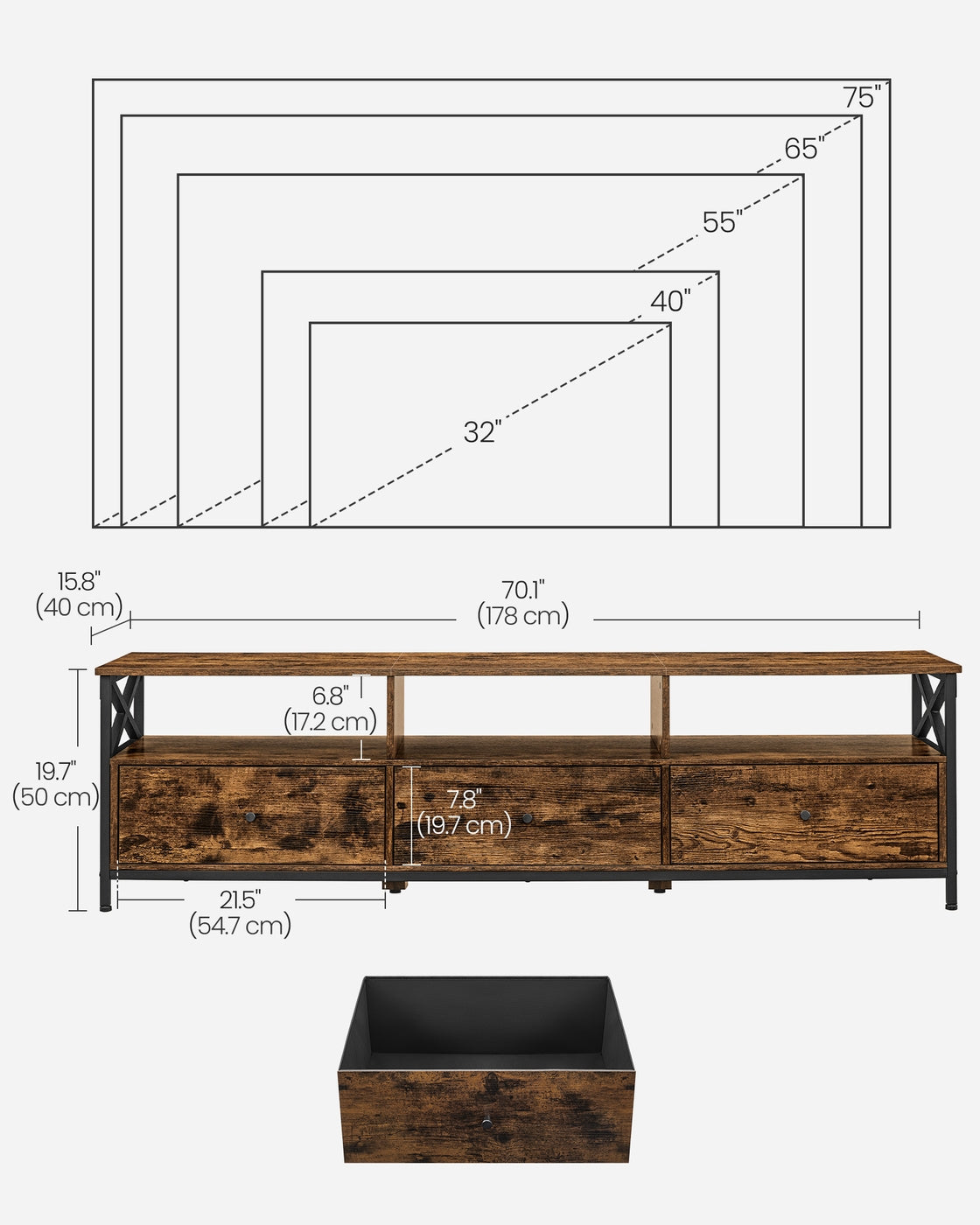 Industrial Brown TV Stand with 3 Drawers - image 4