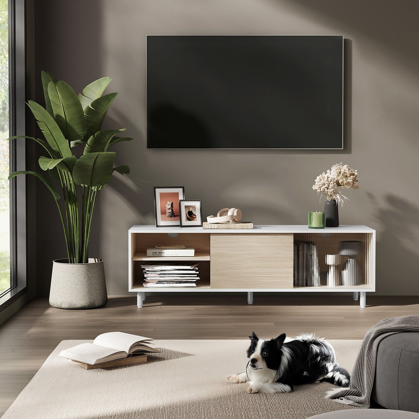 TV Stand for up to 60 Inch TV Cloud White and Natural Beige - image 2