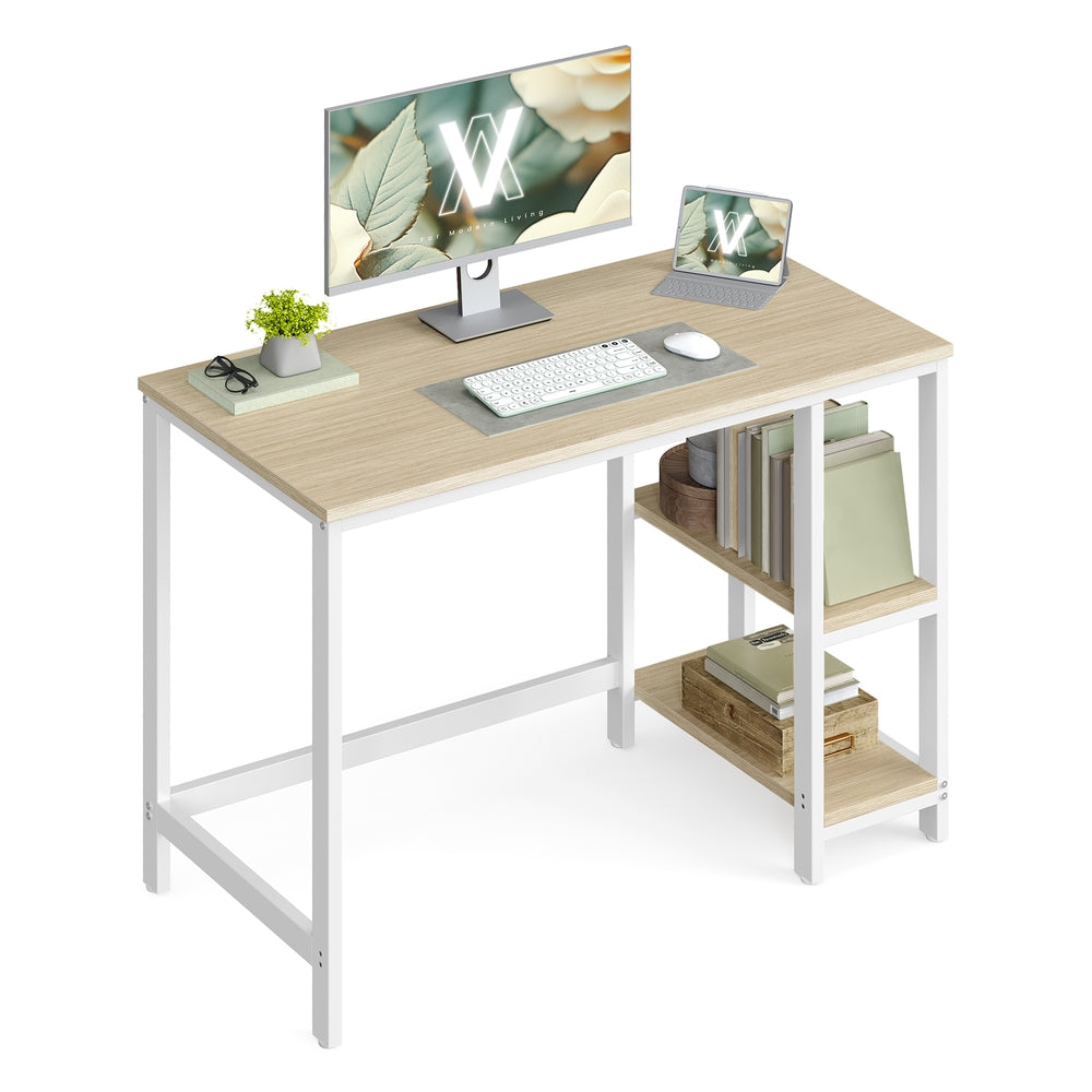 100 cm Wide Computer Desk with 2 Shelves Natural Beige and Pearl White - image 1