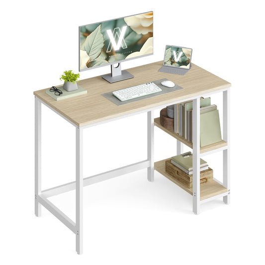 100 cm Wide Computer Desk with 2 Shelves Natural Beige and Pearl White - image 1