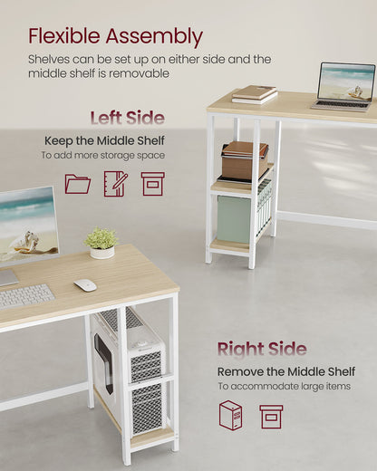 100 cm Wide Computer Desk with 2 Shelves Natural Beige and Pearl White - image 3