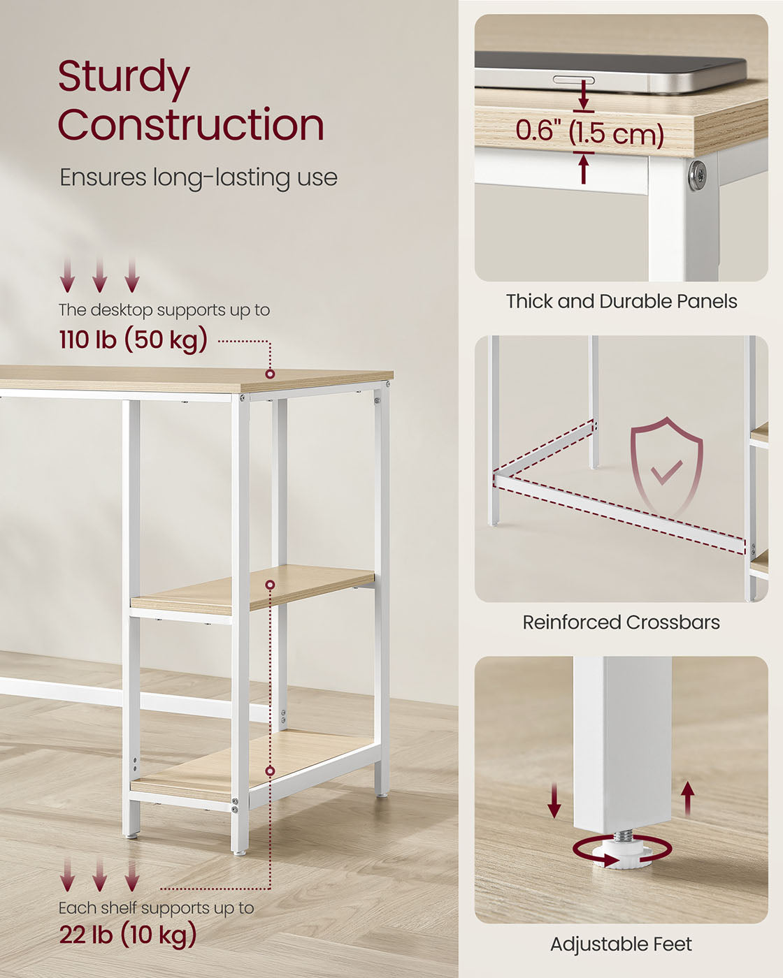 100 cm Wide Computer Desk with 2 Shelves Natural Beige and Pearl White - image 4