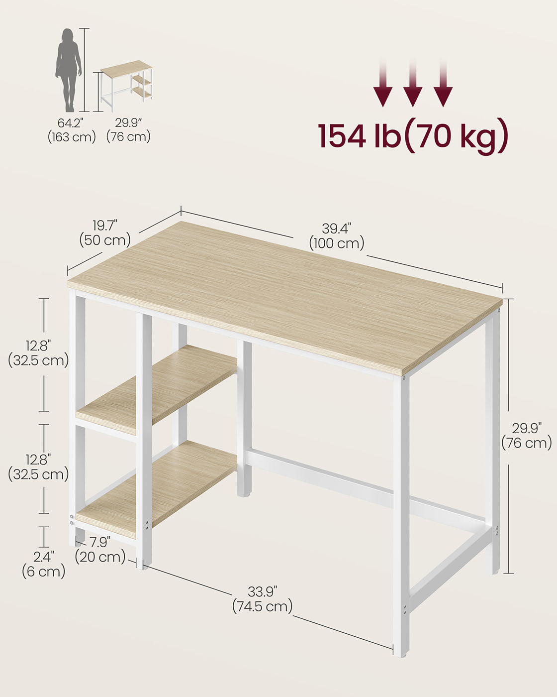 100 cm Wide Computer Desk with 2 Shelves Natural Beige and Pearl White - image 5