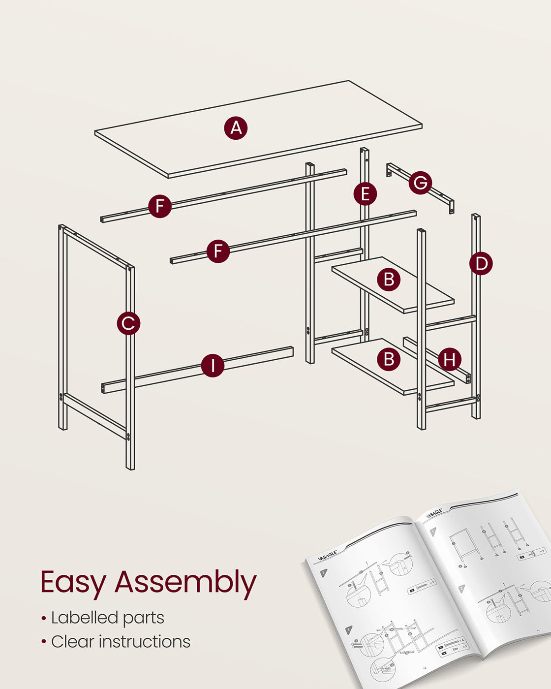100 cm Wide Computer Desk with 2 Shelves Natural Beige and Pearl White - image 6