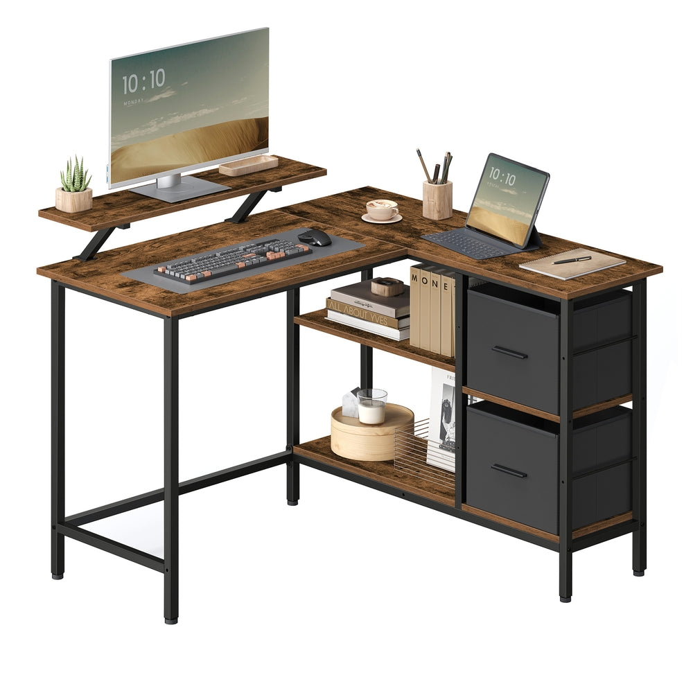 L-Shaped Desk with 2 Drawers 115 cm Wide Rustic Brown - image 1