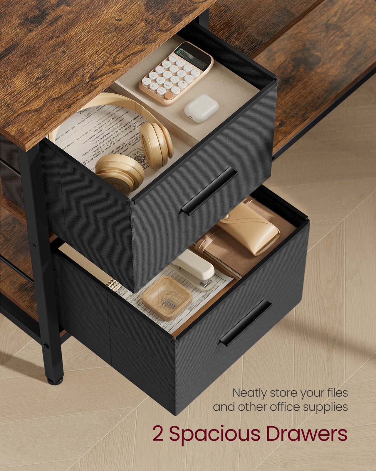 L-Shaped Desk with 2 Drawers 115 cm Wide Rustic Brown - image 3